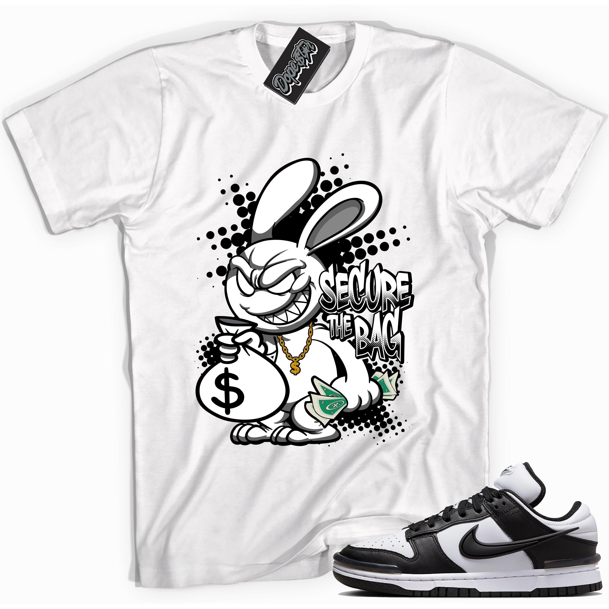 Cool white graphic tee with 'secure the bag' print, that perfectly matches Nike Dunk Low Twist Panda sneakers.