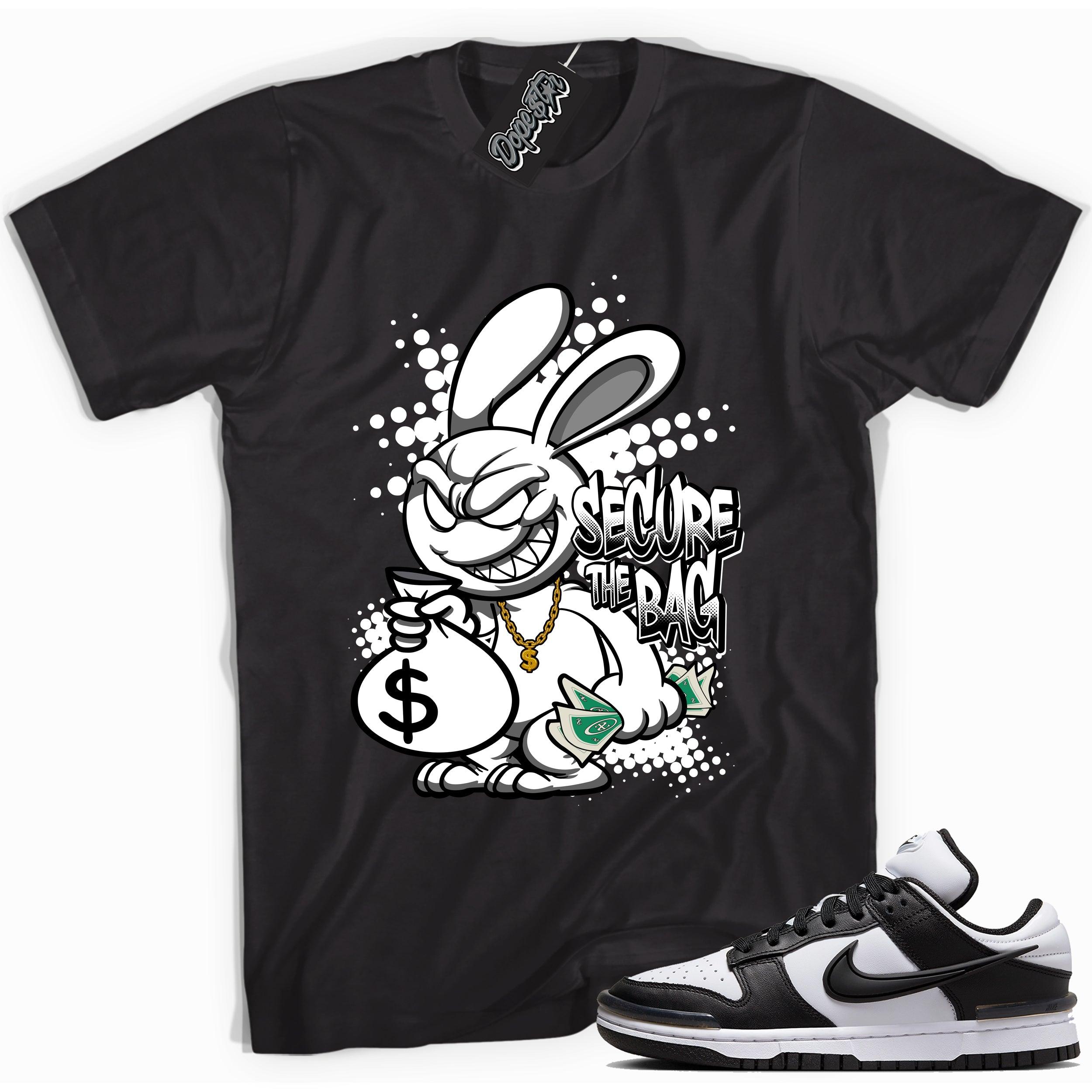 Cool black graphic tee with 'secure the bag' print, that perfectly matches Nike Dunk Low Twist Panda sneakers.