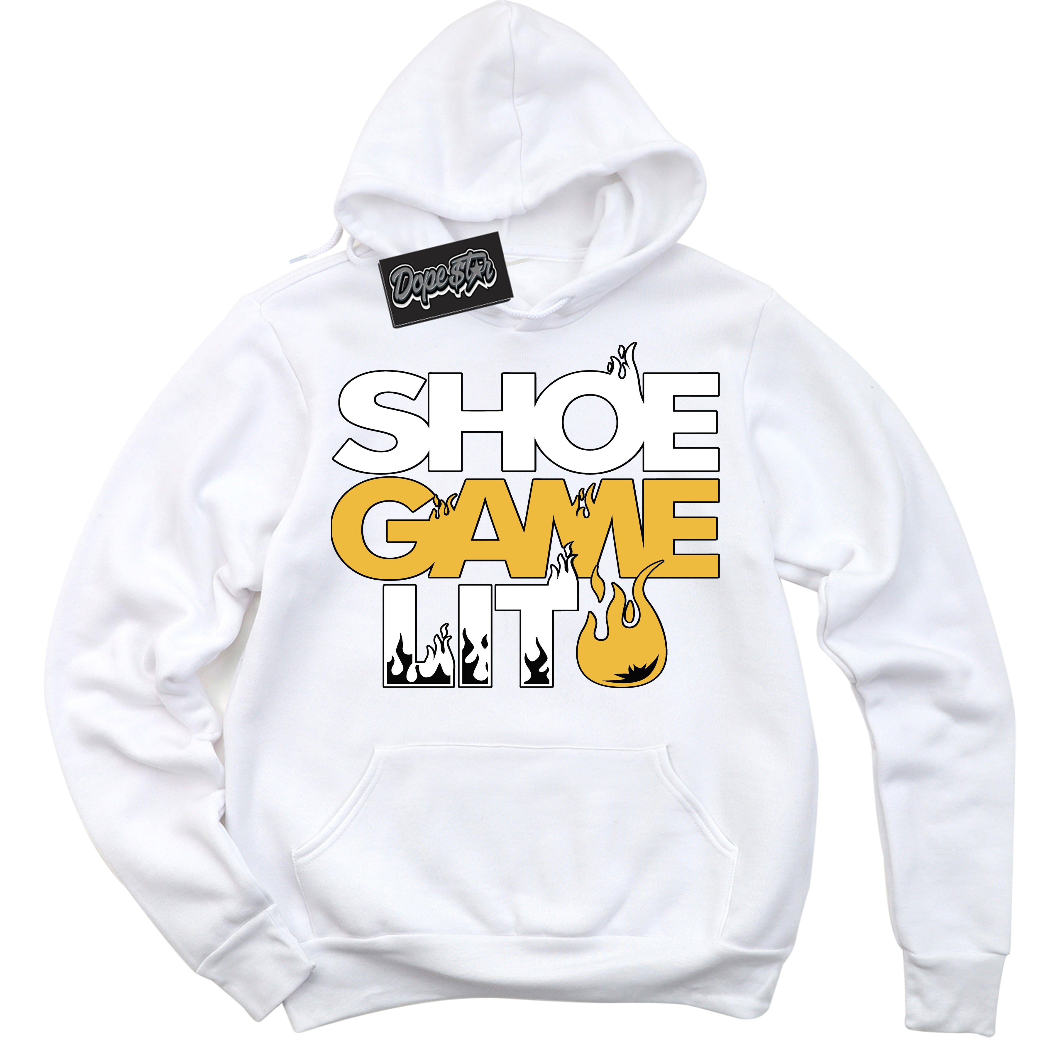 Cool White Hoodie with “ Shoe Game Lit '' design that Perfectly Matches  Yellow Ochre 1s Sneakers.