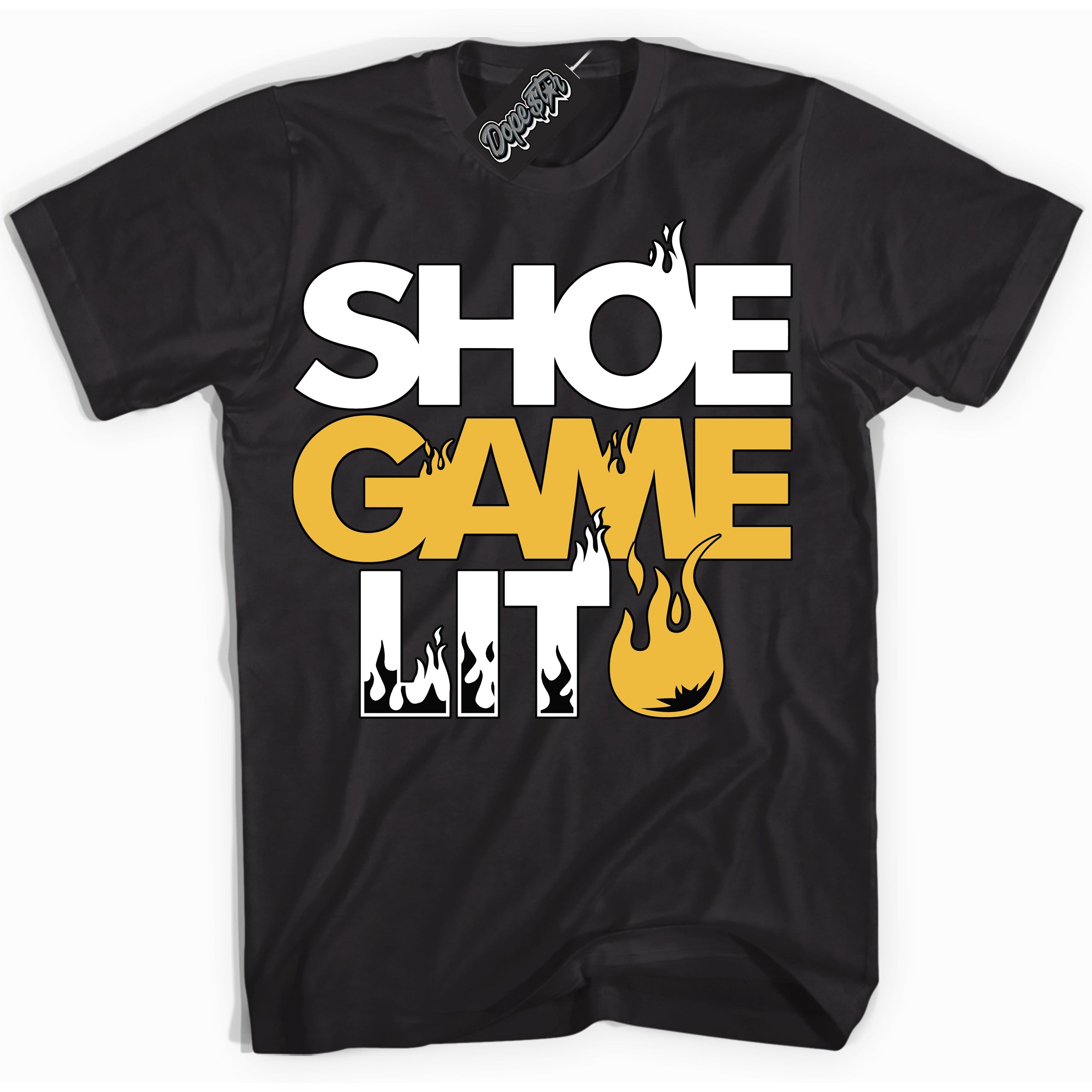 Cool Black Shirt with “ Shoe Game Lit ” design that perfectly matches Yellow Ochre 1s Sneakers.