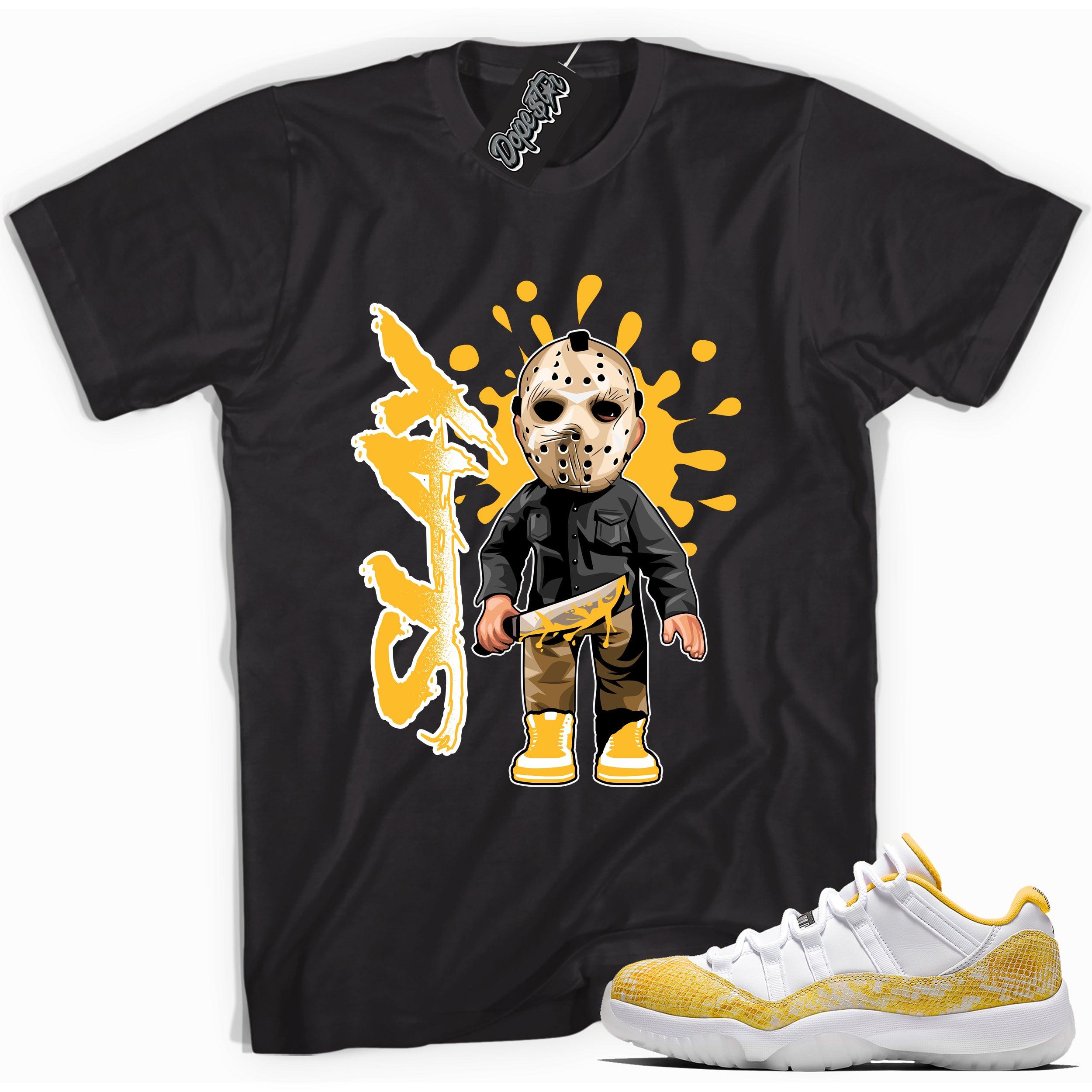 Cool black graphic tee with 'slay' print, that perfectly matches  Air Jordan 11 Retro Low Yellow Snakeskin sneakers