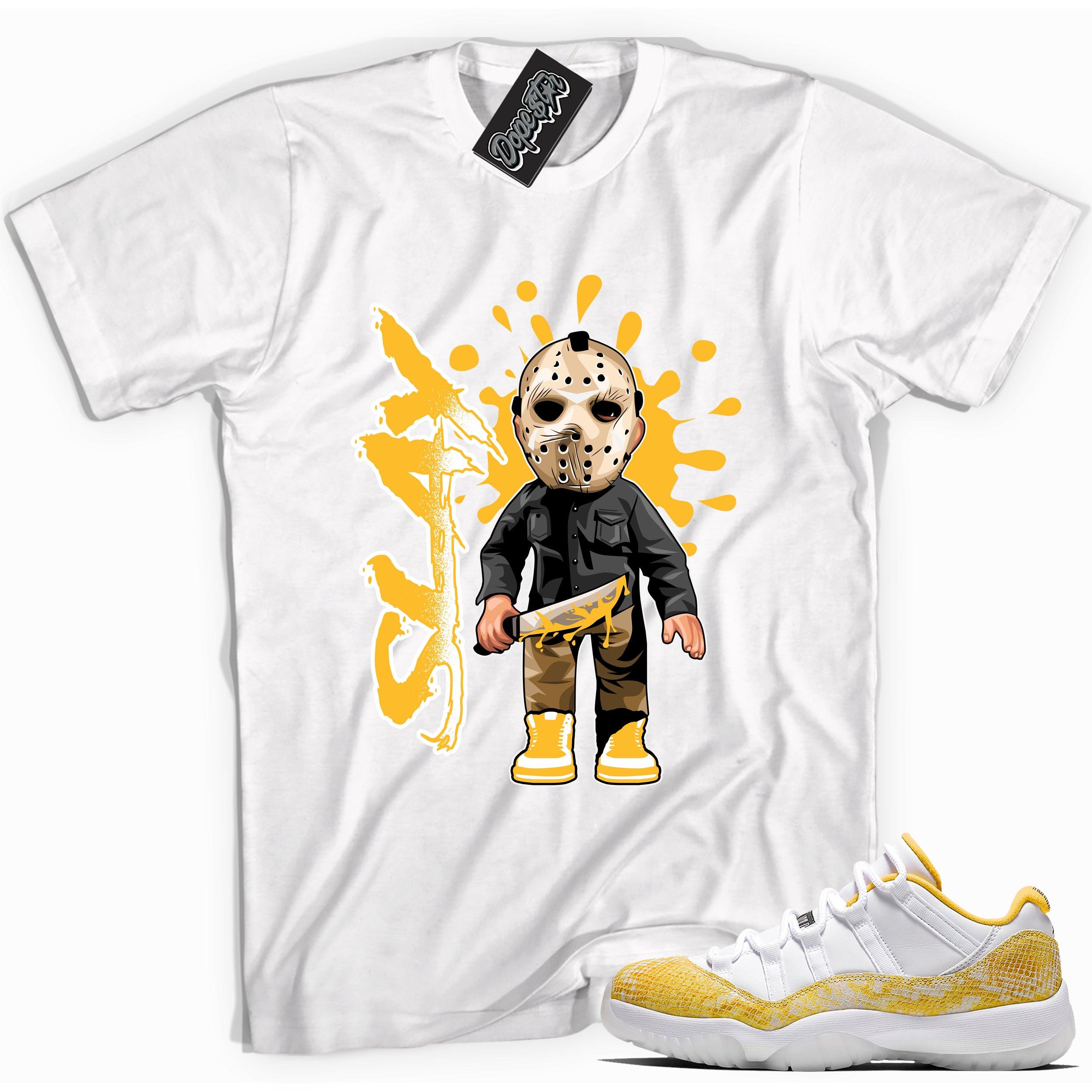 Cool white graphic tee with 'slay' print, that perfectly matches Air Jordan 11 Retro Low Yellow Snakeskin sneakers
