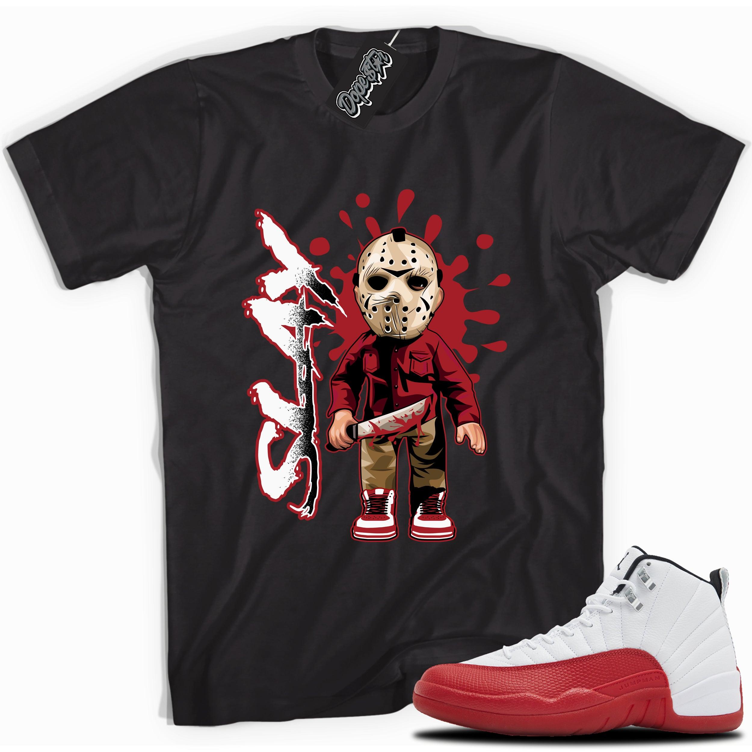 Cool Black graphic tee with “SLAY” print, that perfectly matches Air Jordan 12 Retro Cherry Red 2023 red and white sneakers 