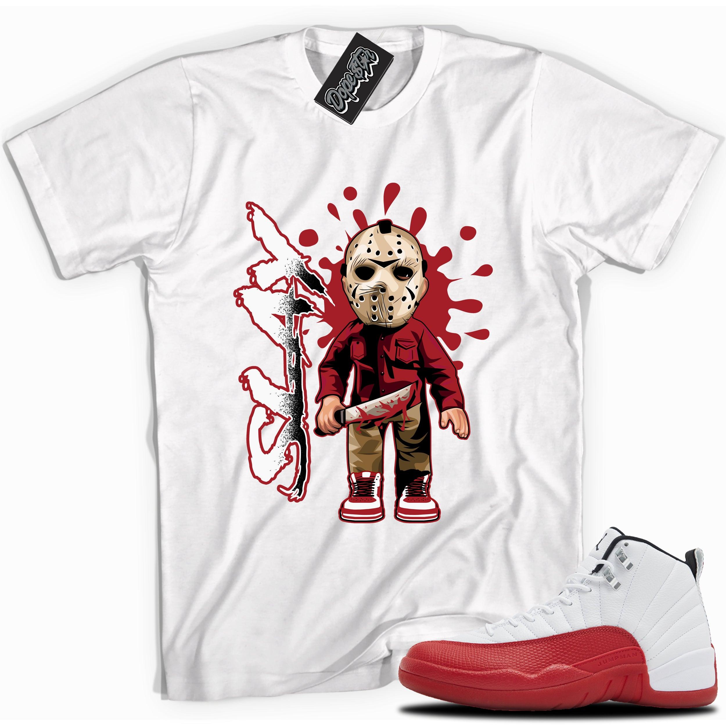 Cool White graphic tee with “SLAY” print, that perfectly matches Air Jordan 12 Retro Cherry Red 2023 red and white sneakers