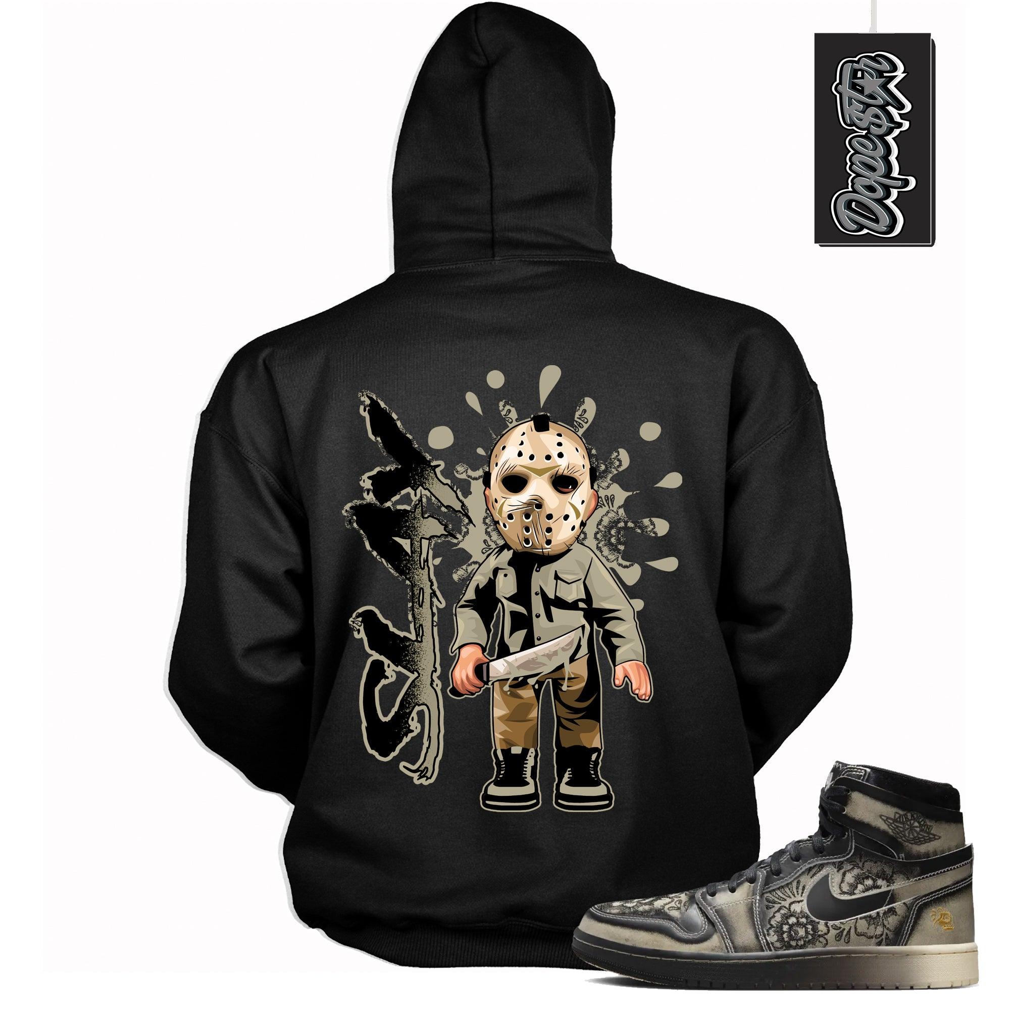 Cool Black Graphic Hoodie with “ SLAY“ print, that perfectly matches Air Jordan 1 High Zoom Comfort 2 Dia de Muertos Black and Pale Ivory sneakers