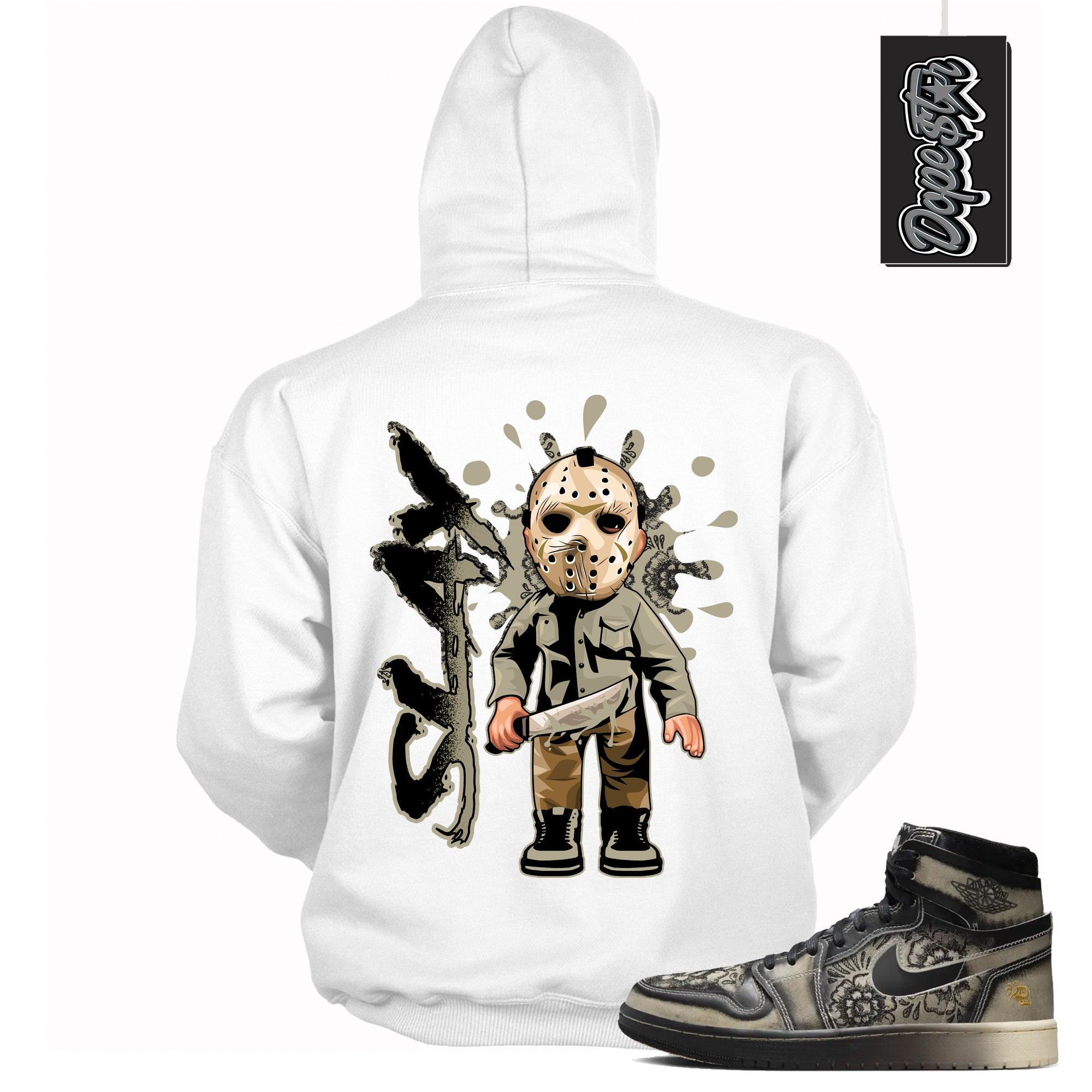 Cool White Graphic Hoodie with “ SLAY “ print, that perfectly matches Air Jordan 1 High Zoom Comfort 2 Dia de Muertos Black and Pale Ivory sneakers