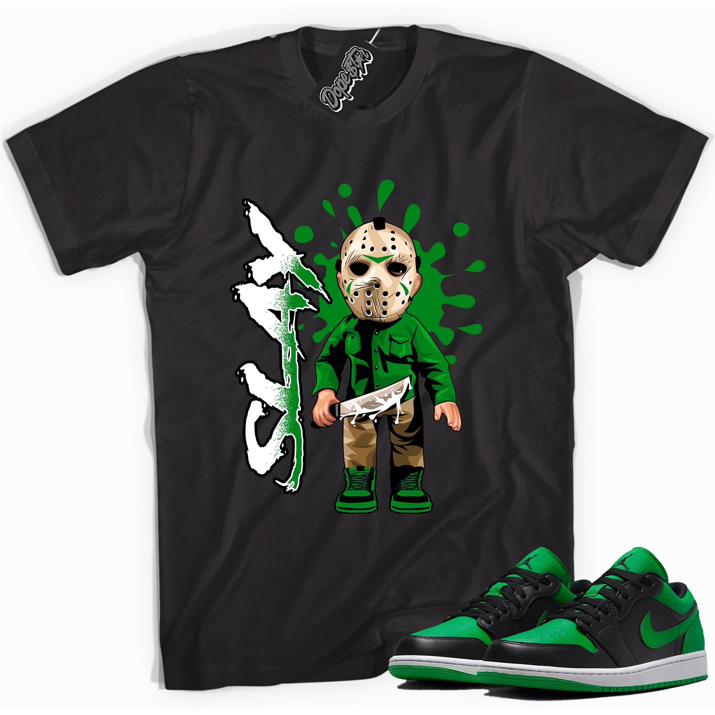 Cool black graphic tee with 'slay' print, that perfectly matches Air Jordan 1 Low Lucky Green sneakers