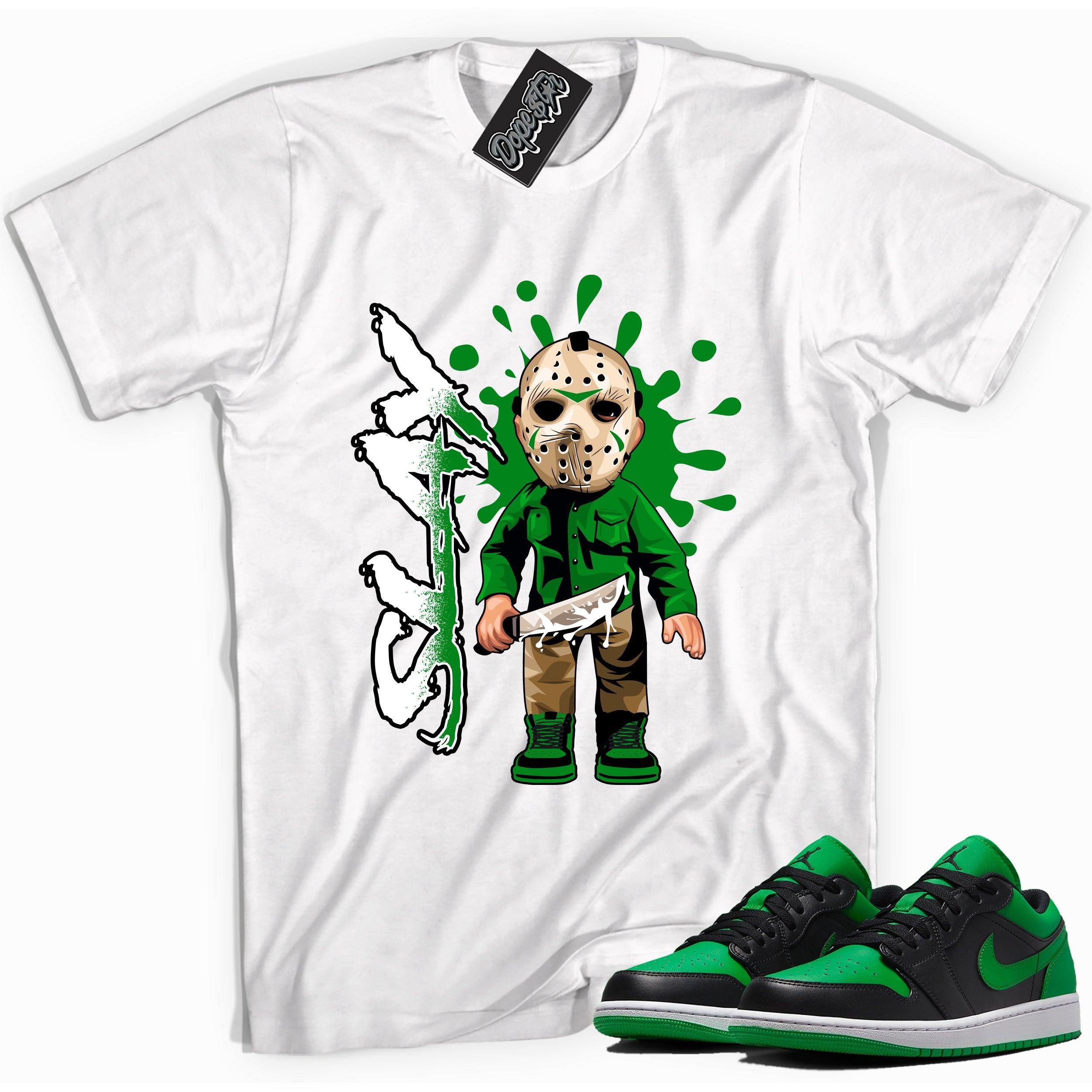 Cool white graphic tee with 'slay' print, that perfectly matches Air Jordan 1 Low Lucky Green sneakers