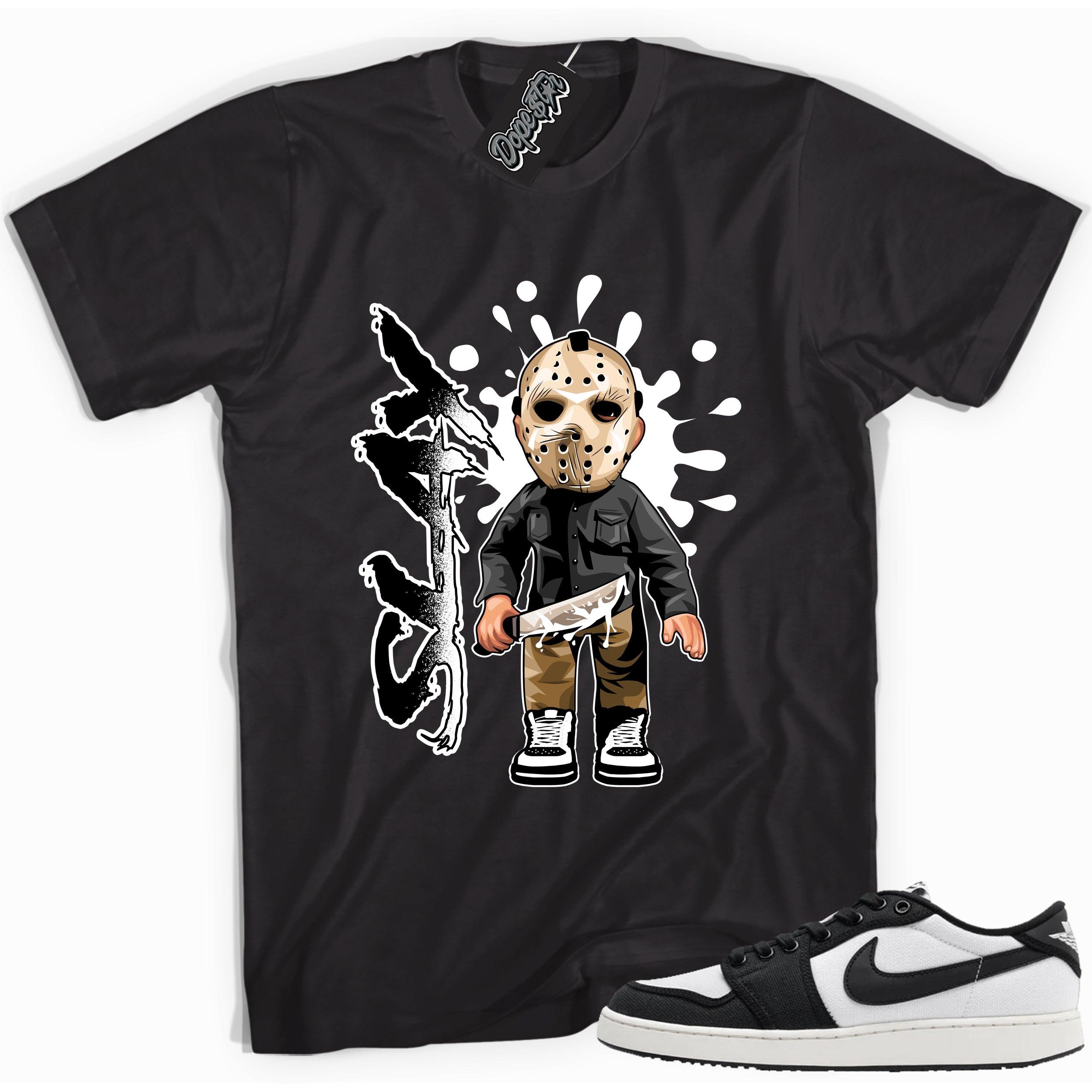 Cool black graphic tee with 'slay' print, that perfectly matches Air Jordan 1 Retro Ajko Low Black & White sneakers.