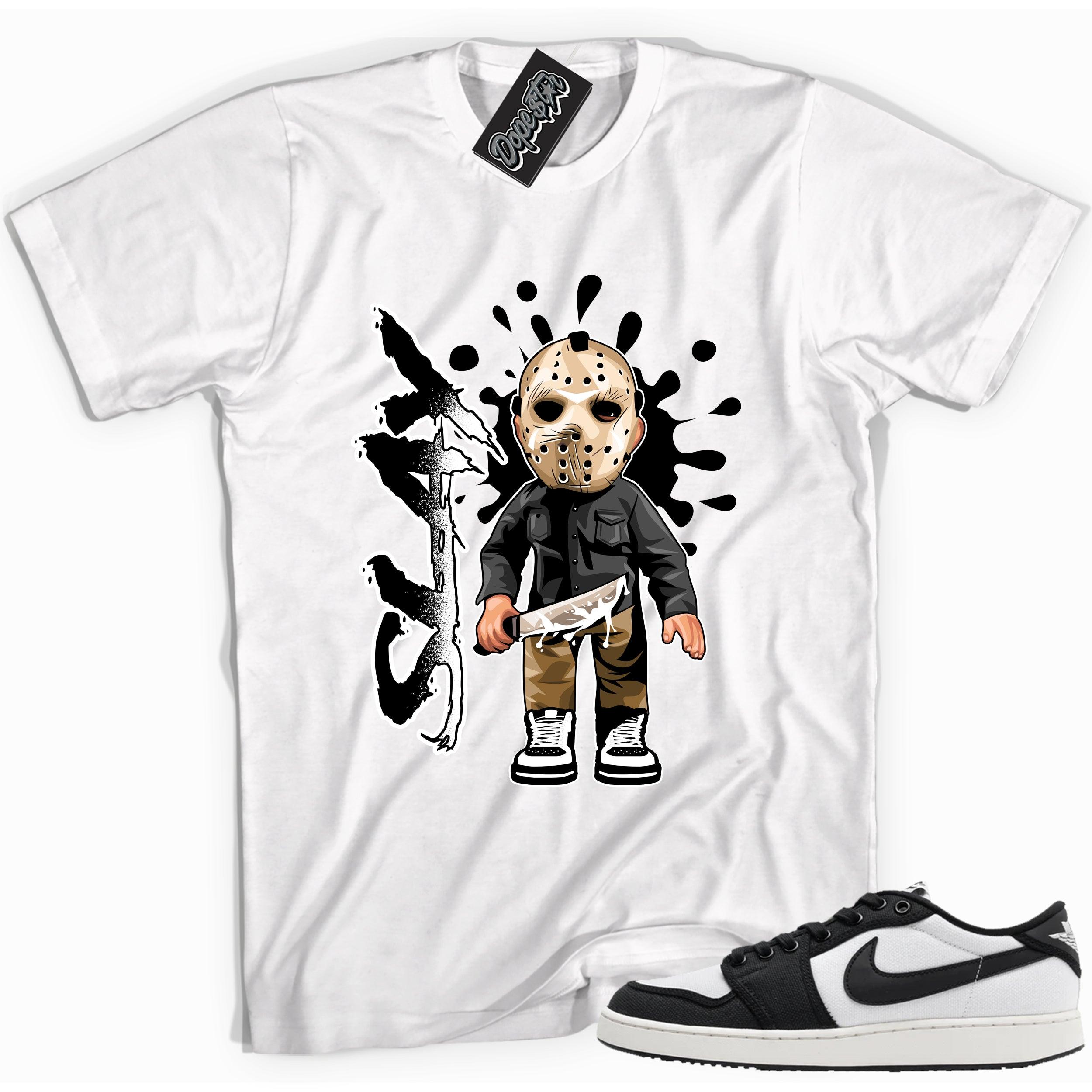 Cool white graphic tee with 'slay' print, that perfectly matches Air Jordan 1 Retro Ajko Low Black & White sneakers.