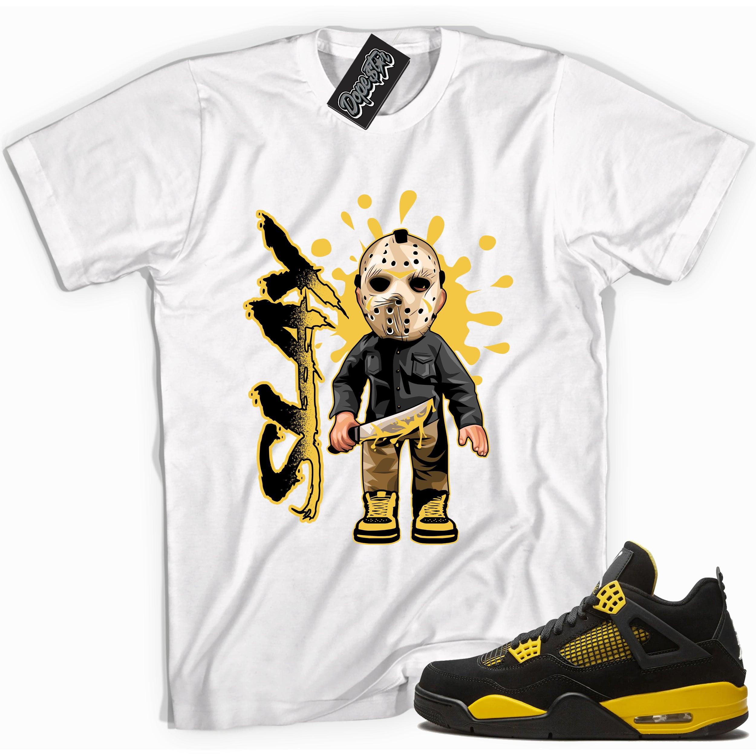 Cool white graphic tee with 'slay' print, that perfectly matches Air Jordan 4 Thunder sneakers