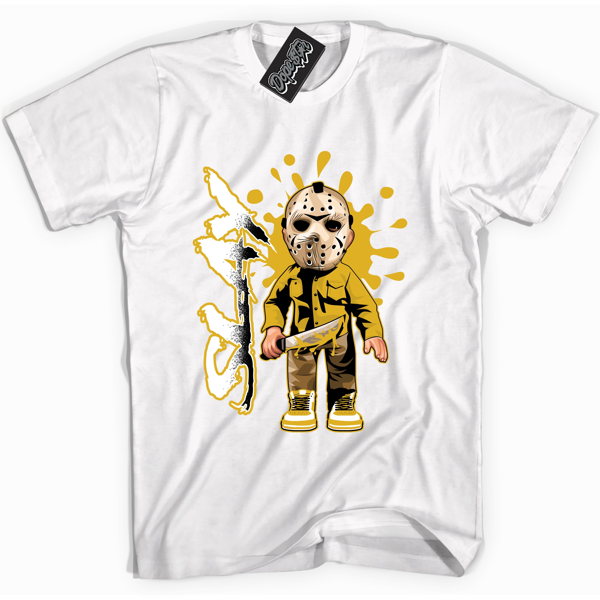 Cool White Shirt with “ Slay” design that perfectly matches Yellow Ochre 6s Sneakers.