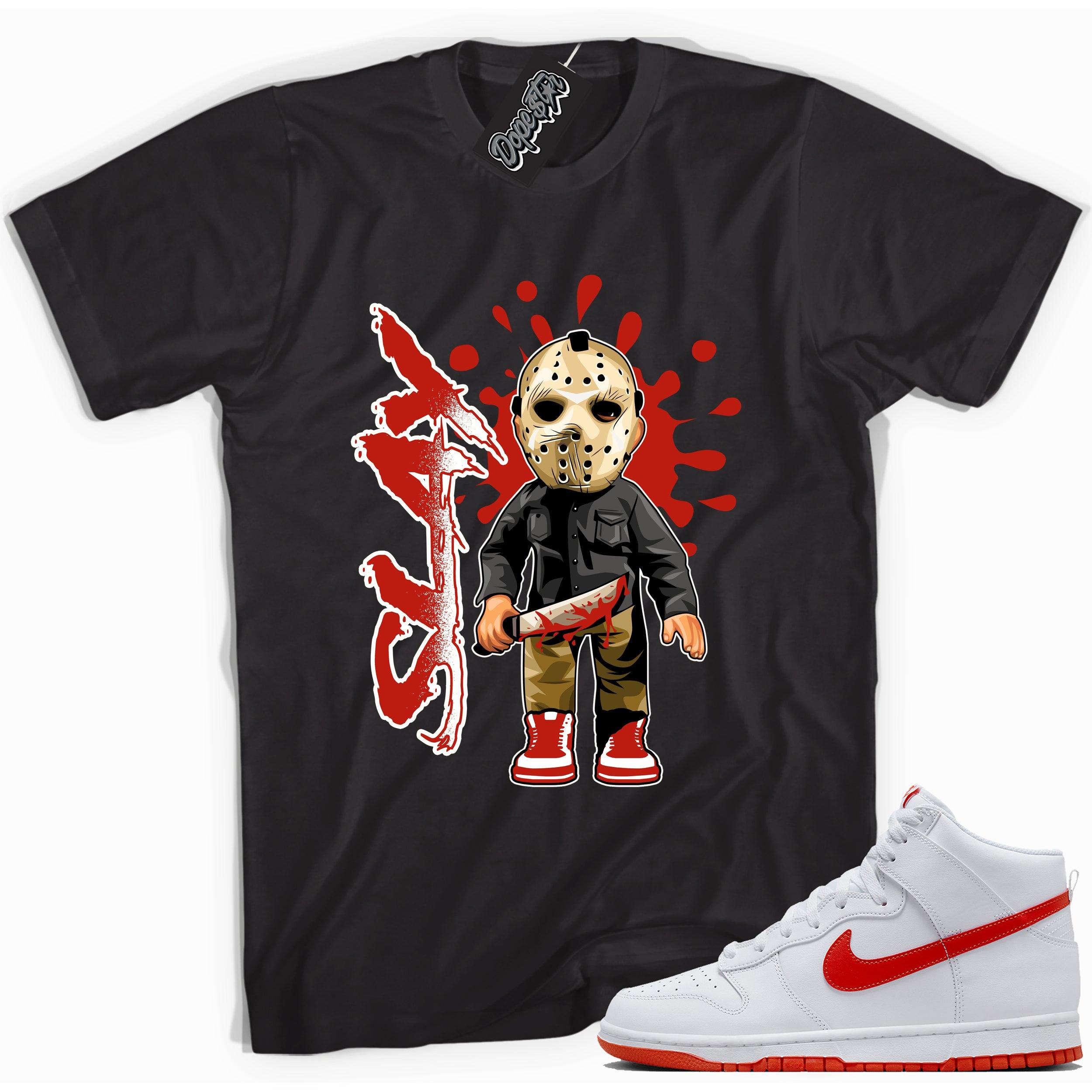 Cool black graphic tee with 'slay' print, that perfectly matches Nike Dunk High White Picante Red sneakers.