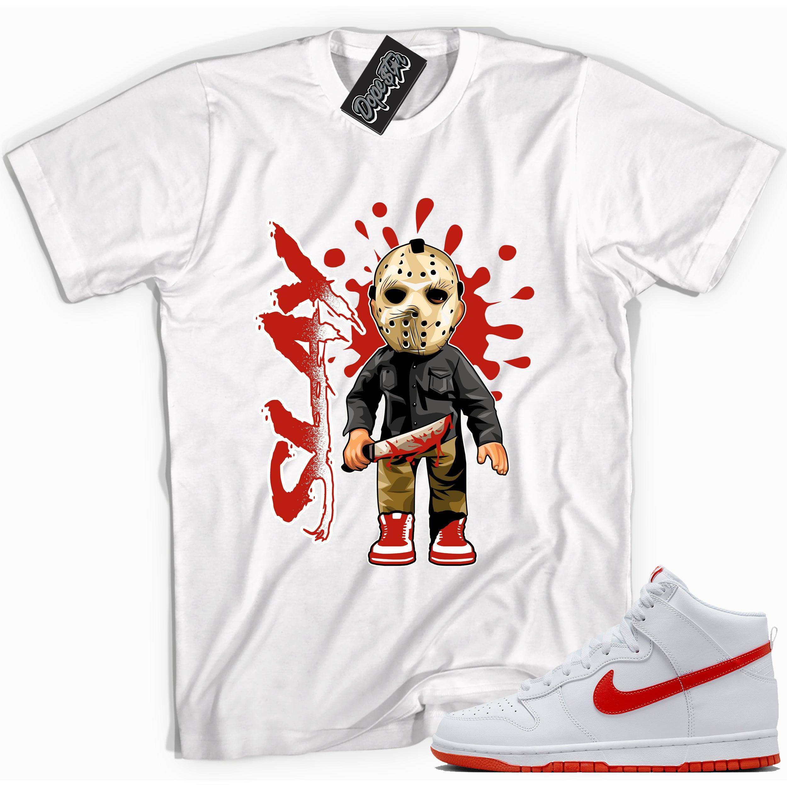 Cool white graphic tee with 'slay' print, that perfectly matches Nike Dunk High White Picante Red sneakers.