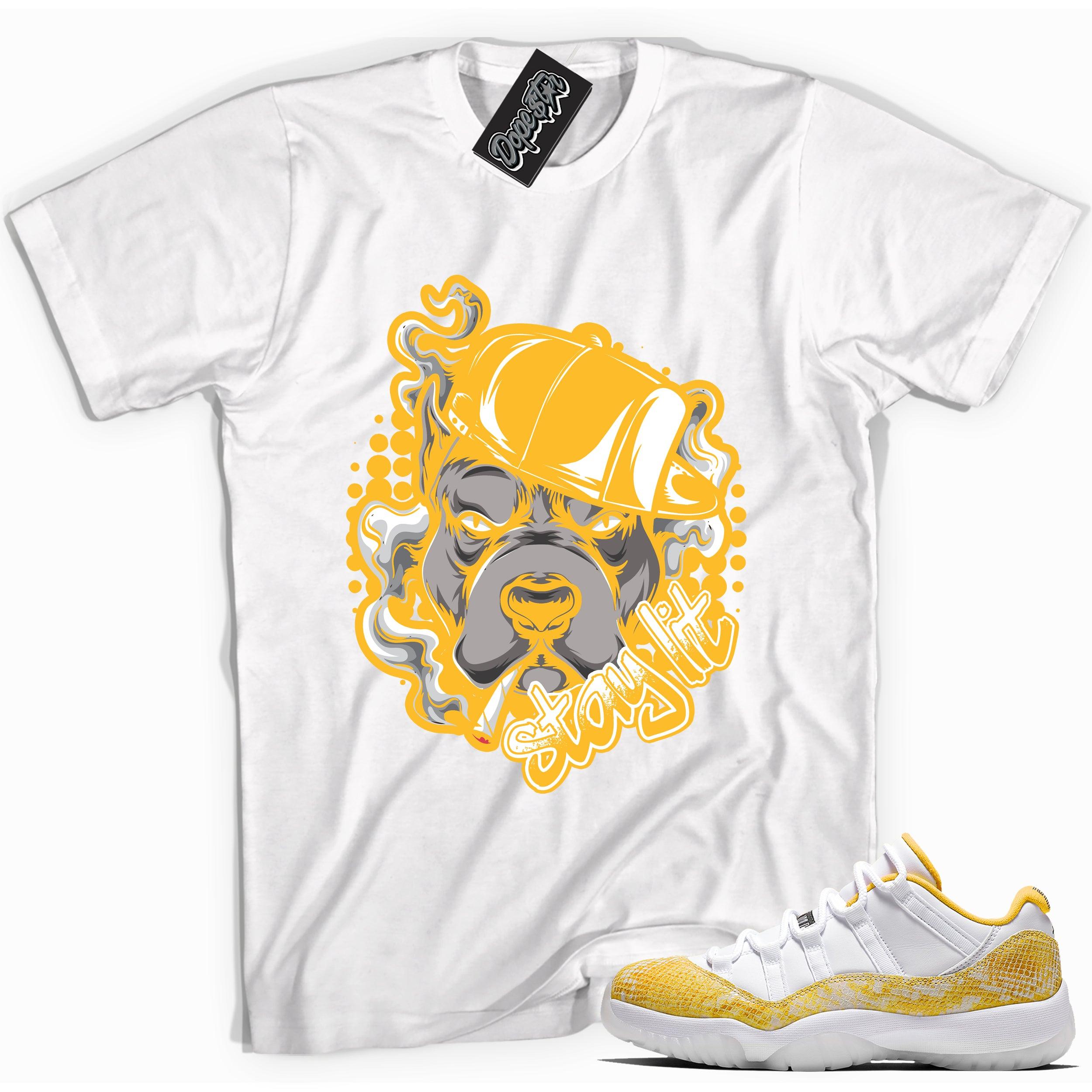 Cool white graphic tee with 'stay lit' print, that perfectly matches Air Jordan 11 Retro Low Yellow Snakeskin sneakers