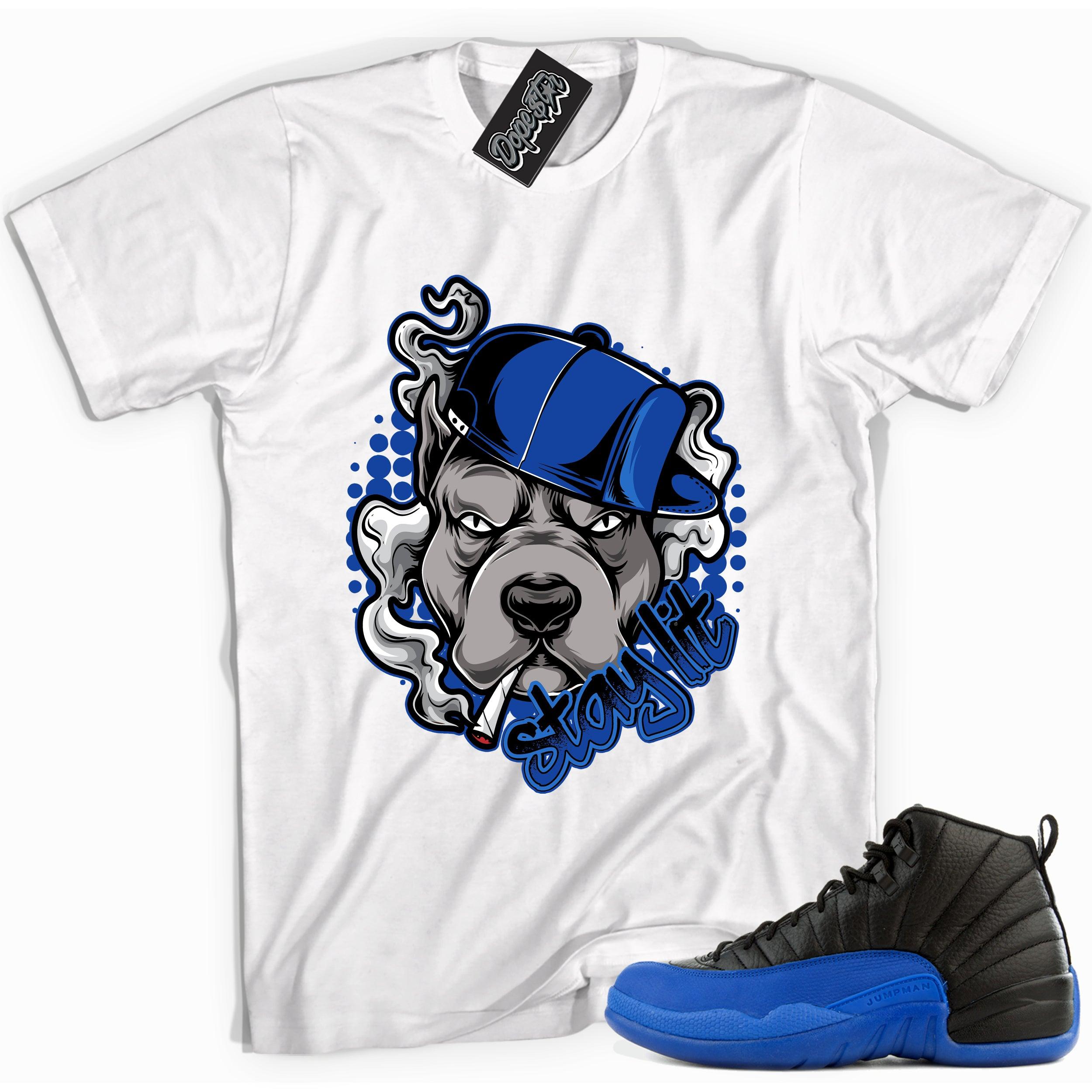 Cool white graphic tee with 'stay lit' print, that perfectly matches Air Jordan 12 Retro Black Game Royal sneakers.