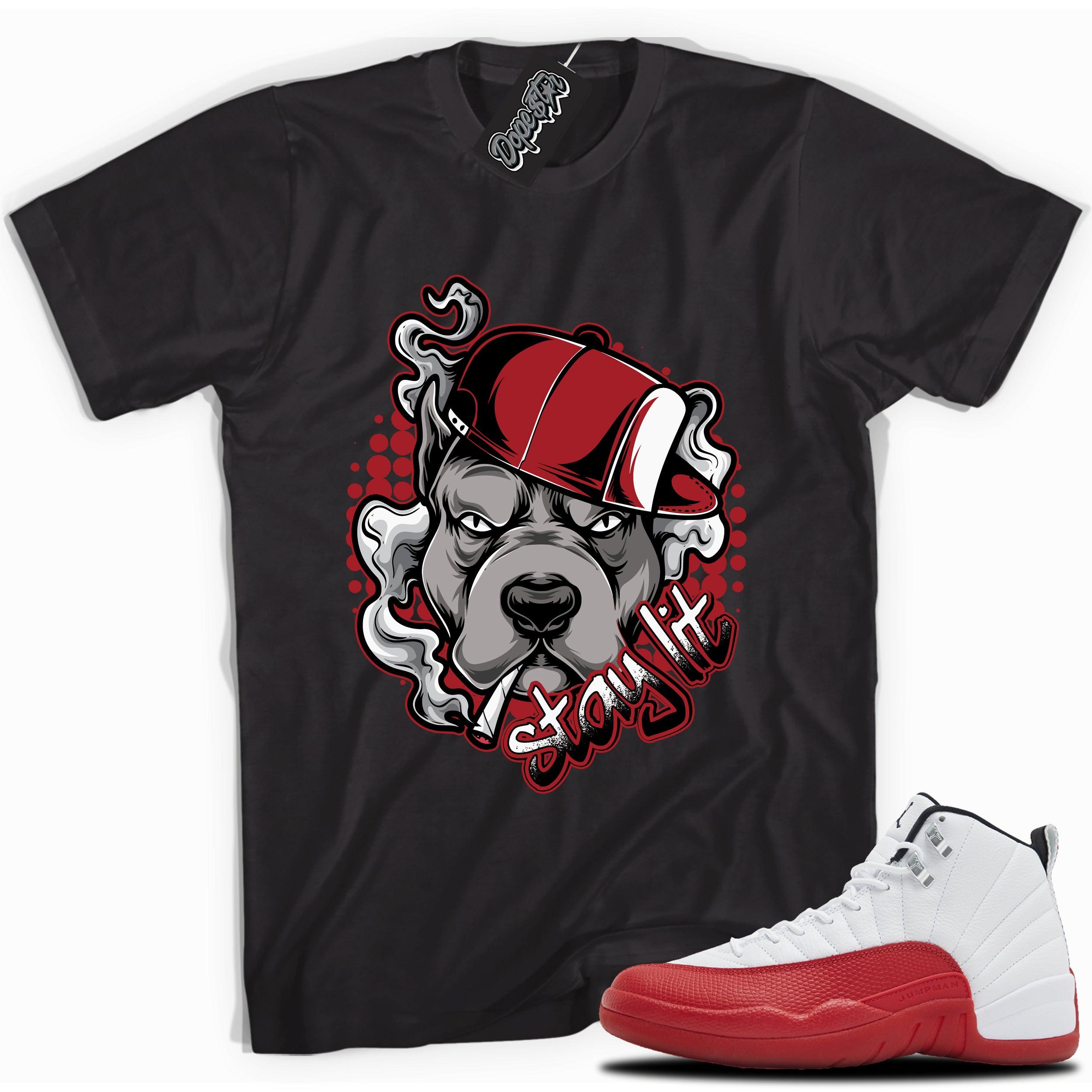 Cool Black graphic tee with “STAY LIT” print, that perfectly matches Air Jordan 12 Retro Cherry Red 2023 red and white sneakers 