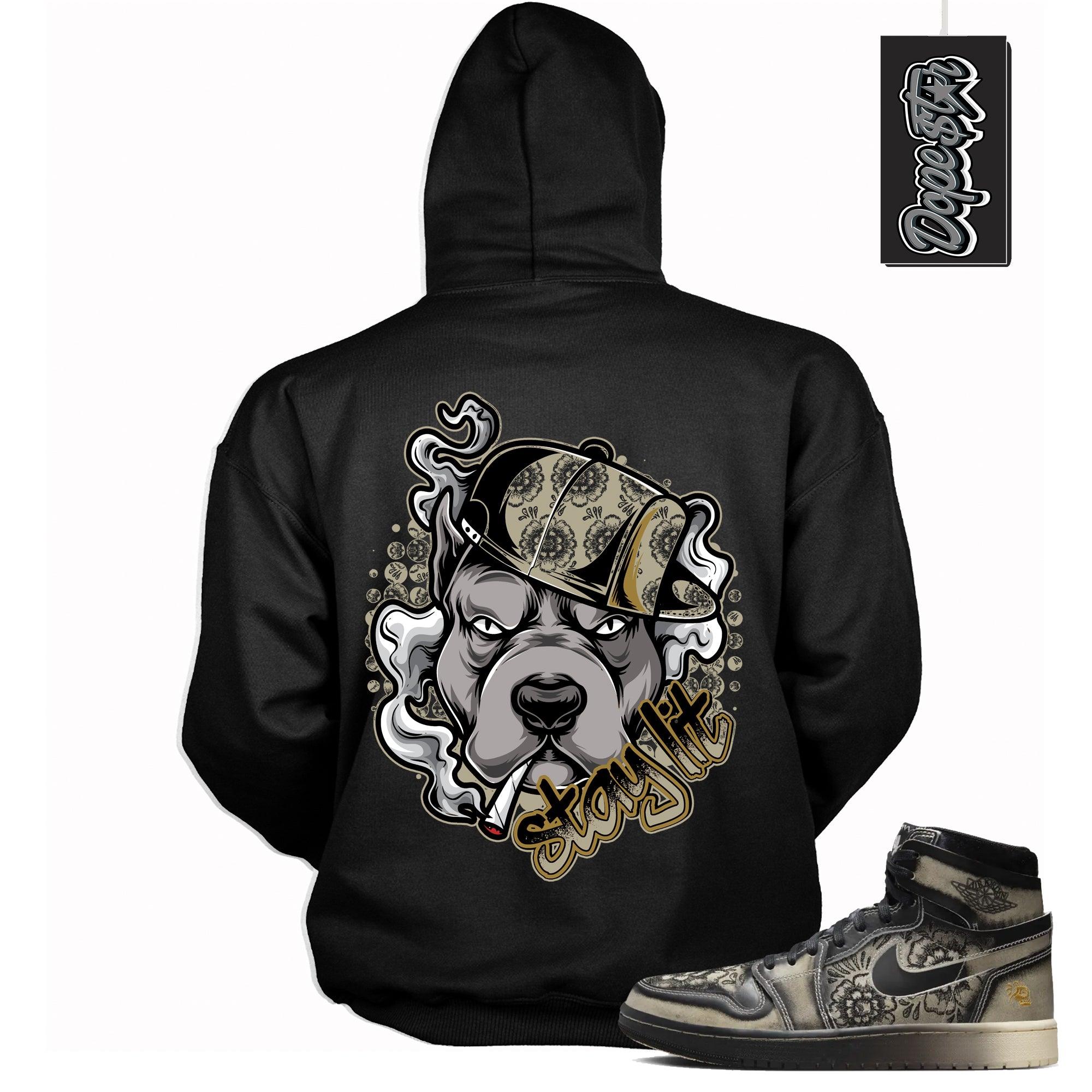 Cool Black Graphic Hoodie with “ STAY LIT “ print, that perfectly matches Air Jordan 1 High Zoom Comfort 2 Dia de Muertos Black and Pale Ivory sneakers