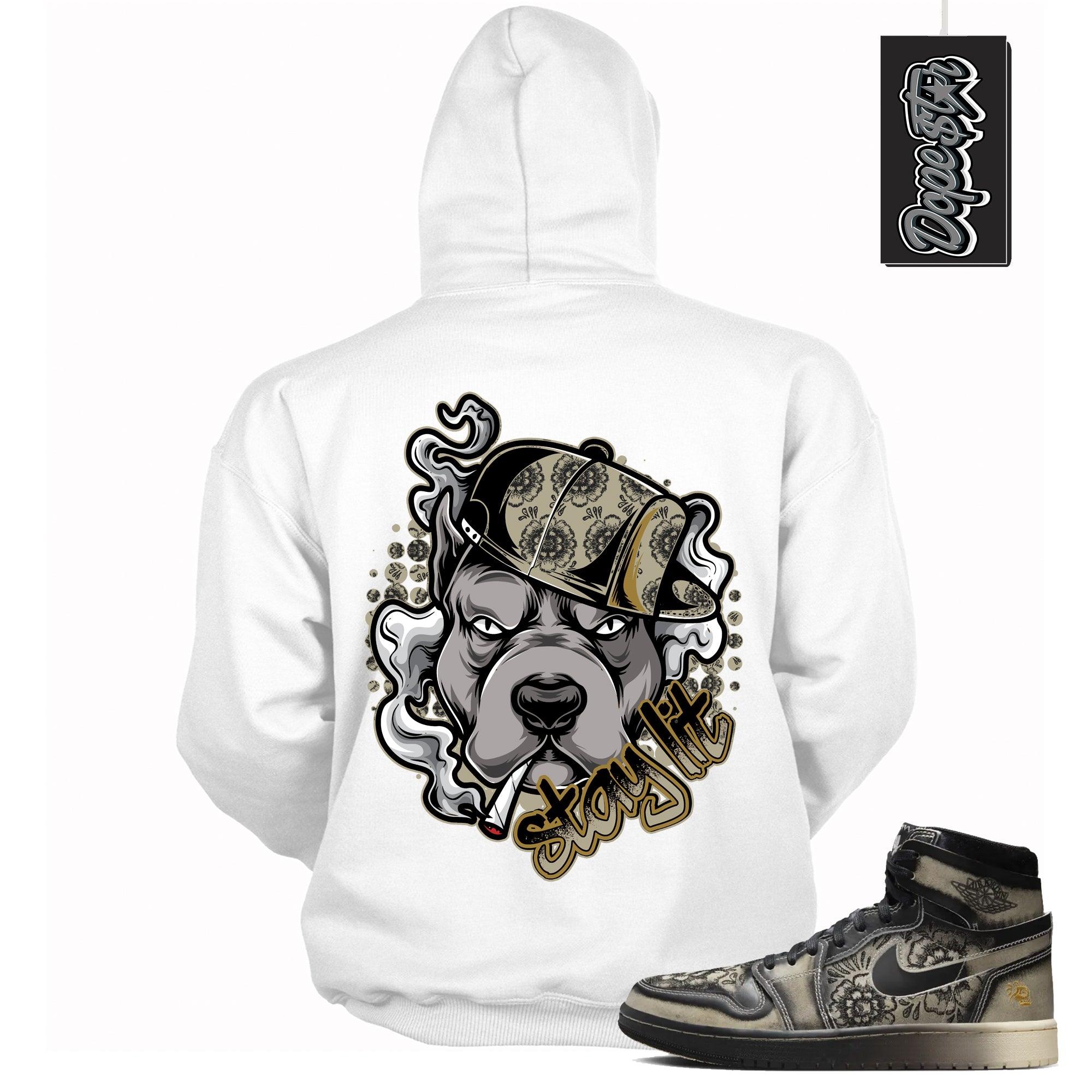 Cool White Graphic Hoodie with “ STAY LIT “ print, that perfectly matches Air Jordan 1 High Zoom Comfort 2 Dia de Muertos Black and Pale Ivory sneakers