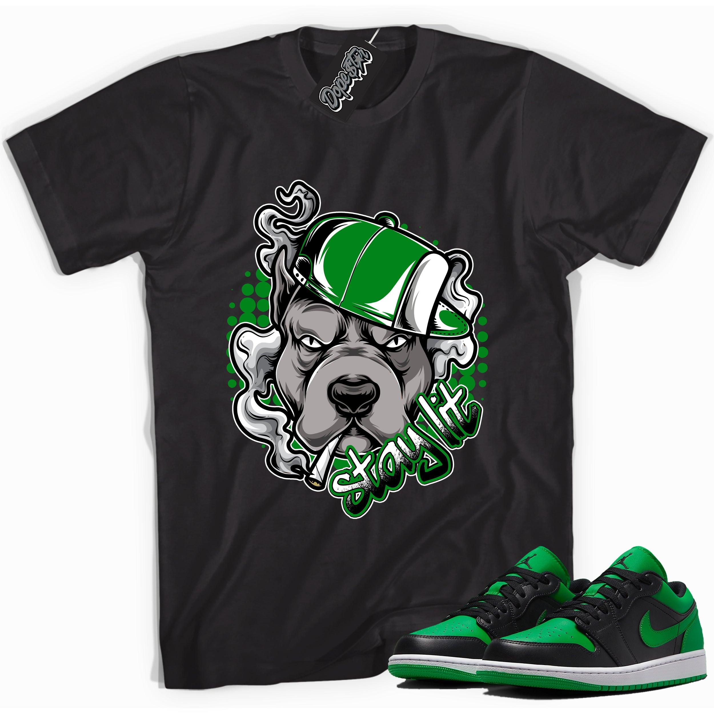 Cool black graphic tee with 'stay lit' print, that perfectly matches Air Jordan 1 Low Lucky Green sneakers