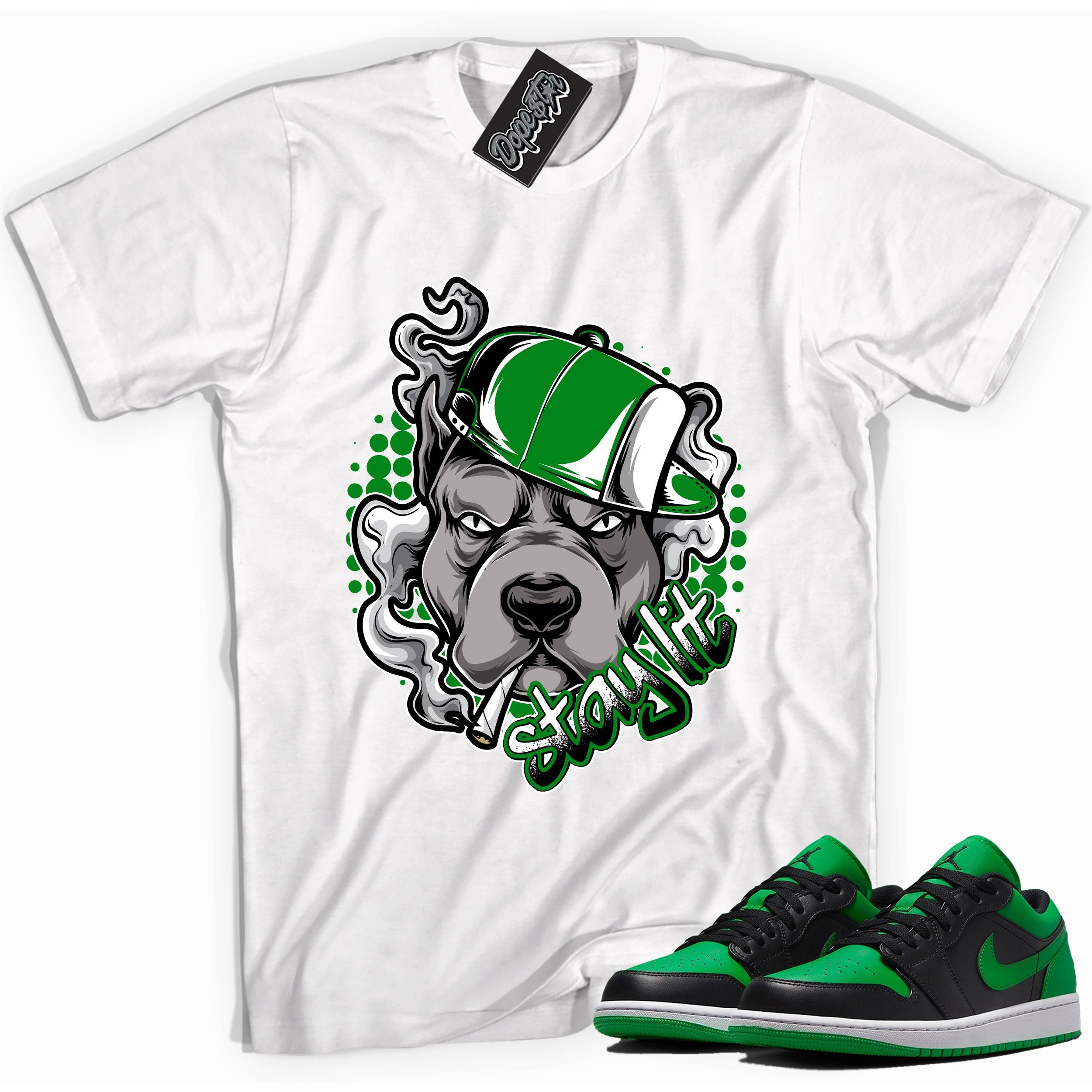 Cool white graphic tee with 'stay lit' print, that perfectly matches Air Jordan 1 Low Lucky Green sneakers