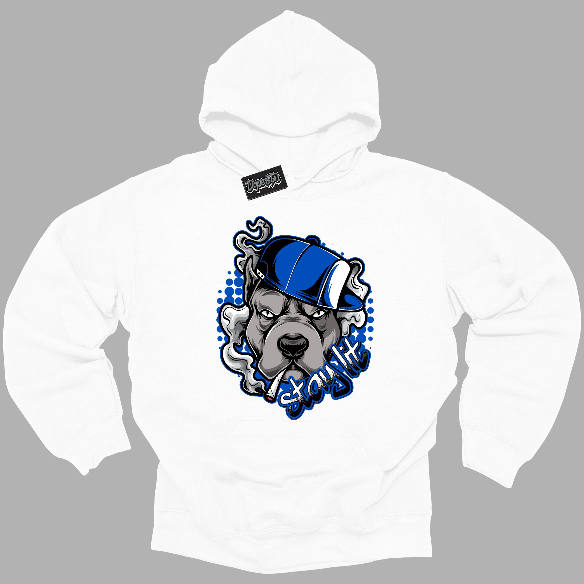 Cool White Hoodie with “ Stay Lit ”  design that Perfectly Matches Royal Reimagined 1s Sneakers.