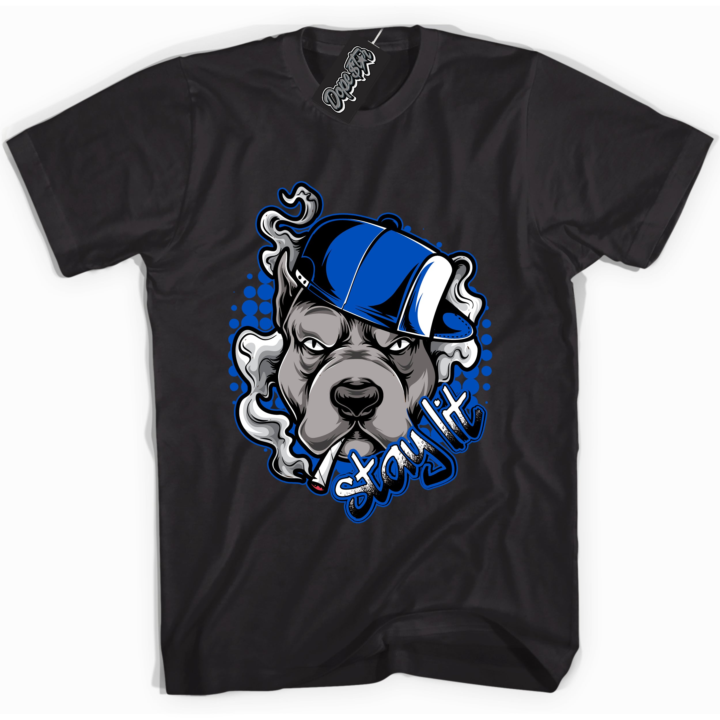 Cool Black graphic tee with "Stay Lit" design, that perfectly matches Royal Reimagined 1s sneakers 