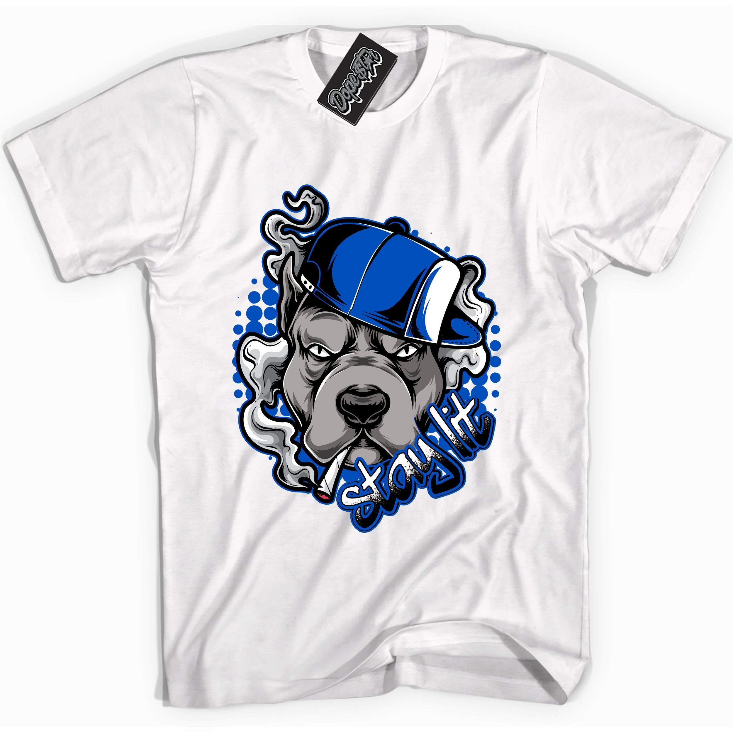 Cool White graphic tee with "Stay Lit" design, that perfectly matches Royal Reimagined 1s sneakers 