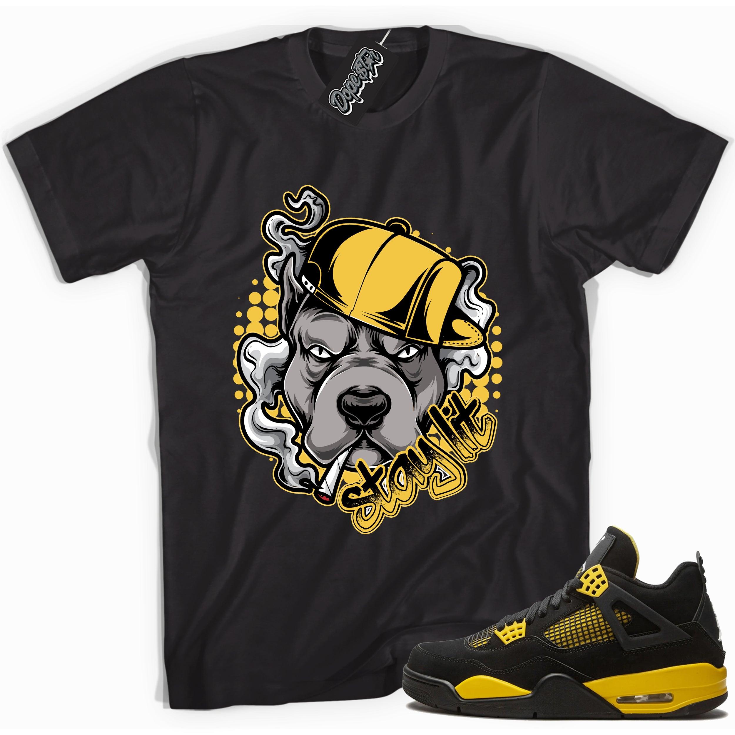 Cool black graphic tee with 'stay lit' print, that perfectly matches  Air Jordan 4 Thunder sneakers