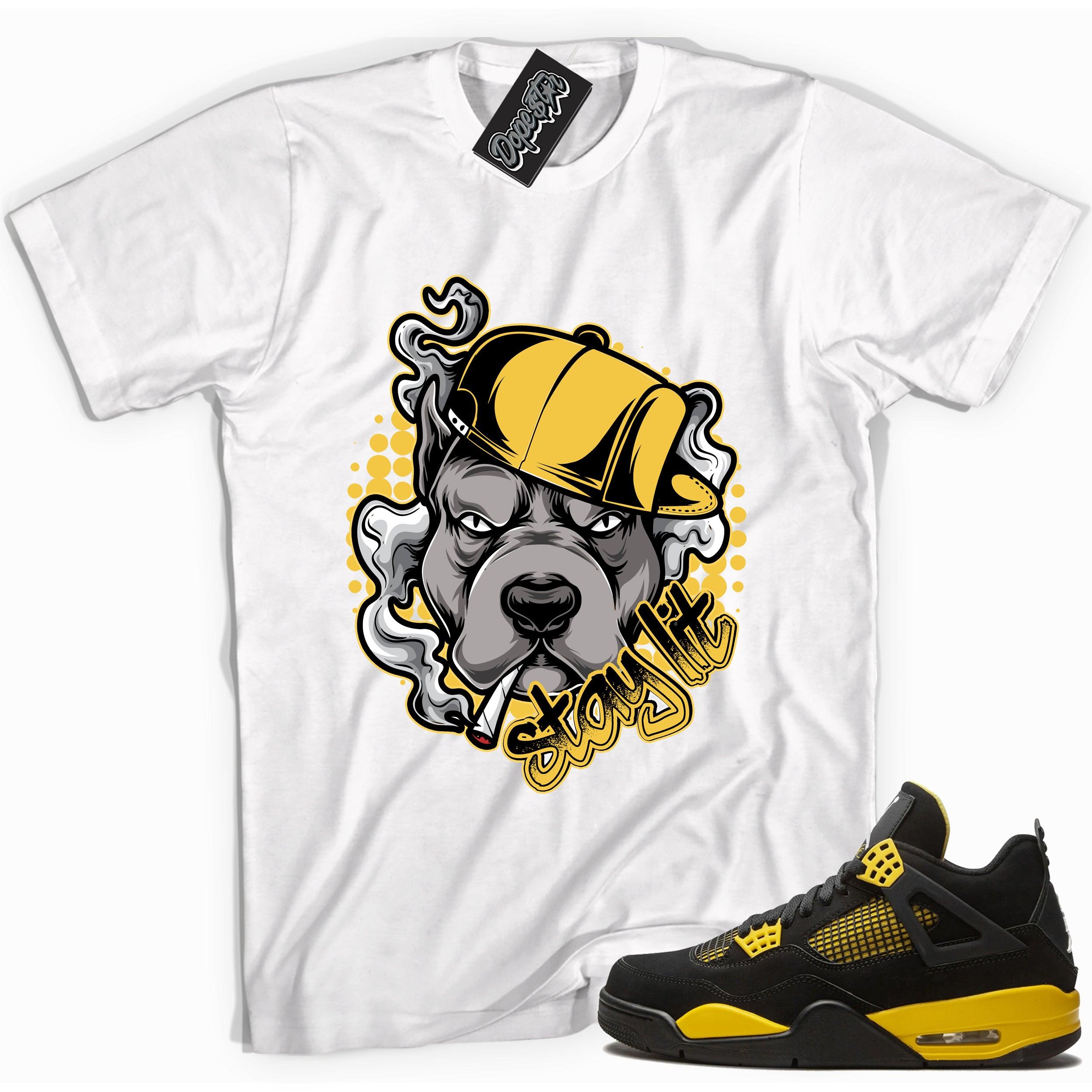 Cool white  graphic tee with 'stay lit' print, that perfectly matches Air Jordan 4 Thunder sneakers