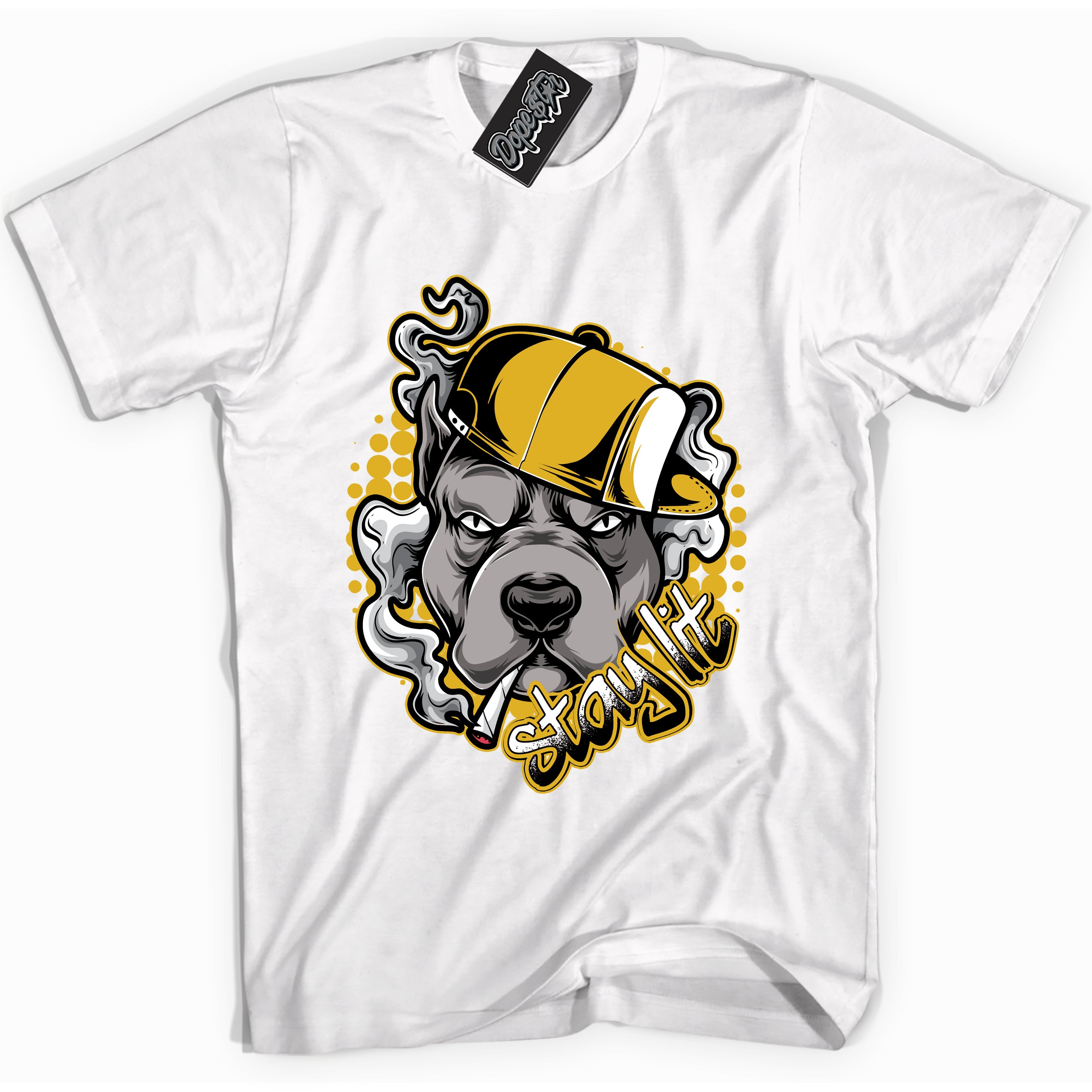Cool White Shirt with “ Stay Lit” design that perfectly matches Yellow Ochre 6s Sneakers.