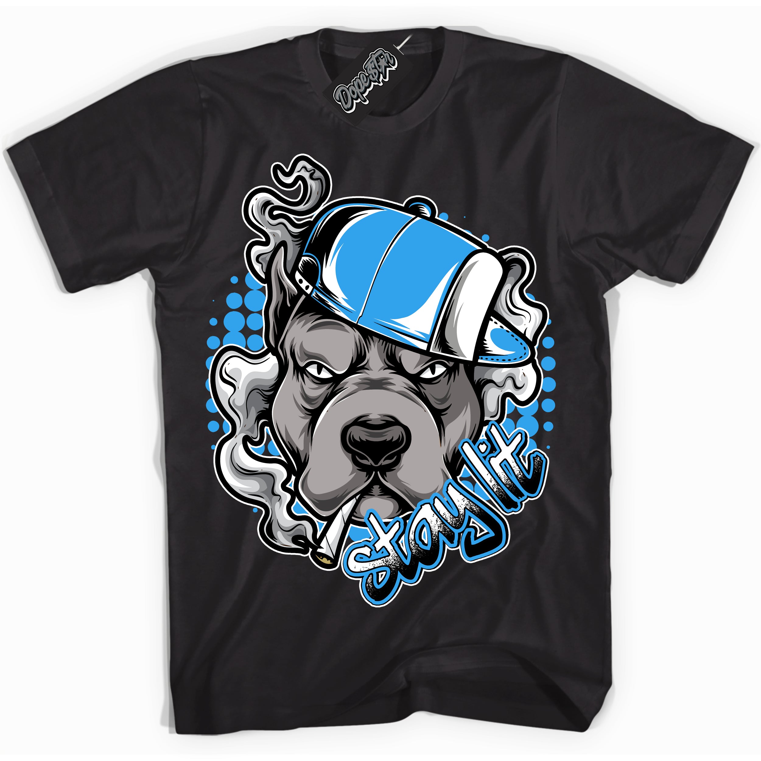Cool Black graphic tee with “ Stay Lit ” design, that perfectly matches Powder Blue 9s sneakers 