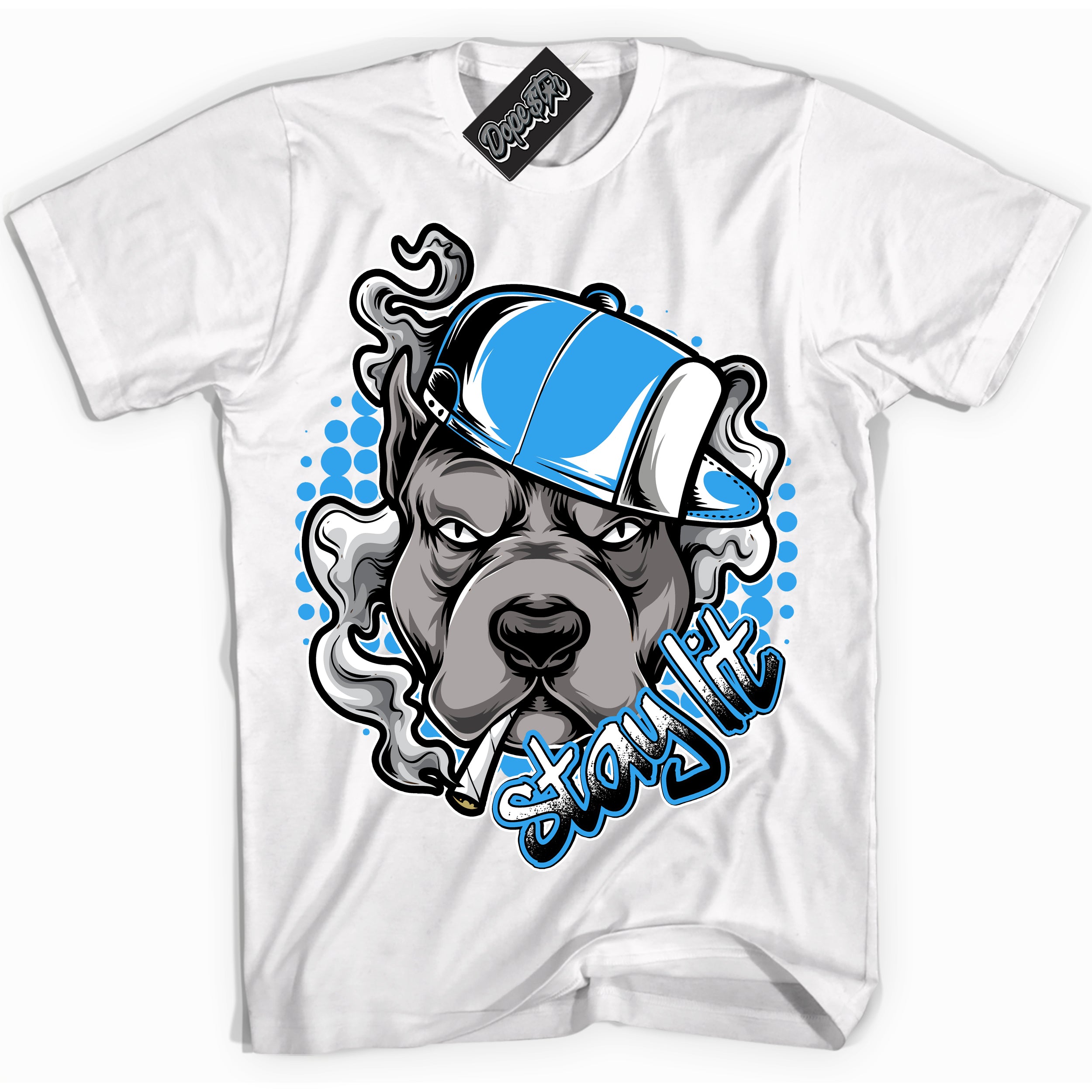 Cool White graphic tee with “ Stay Lit ” design, that perfectly matches Powder Blue 9s sneakers 