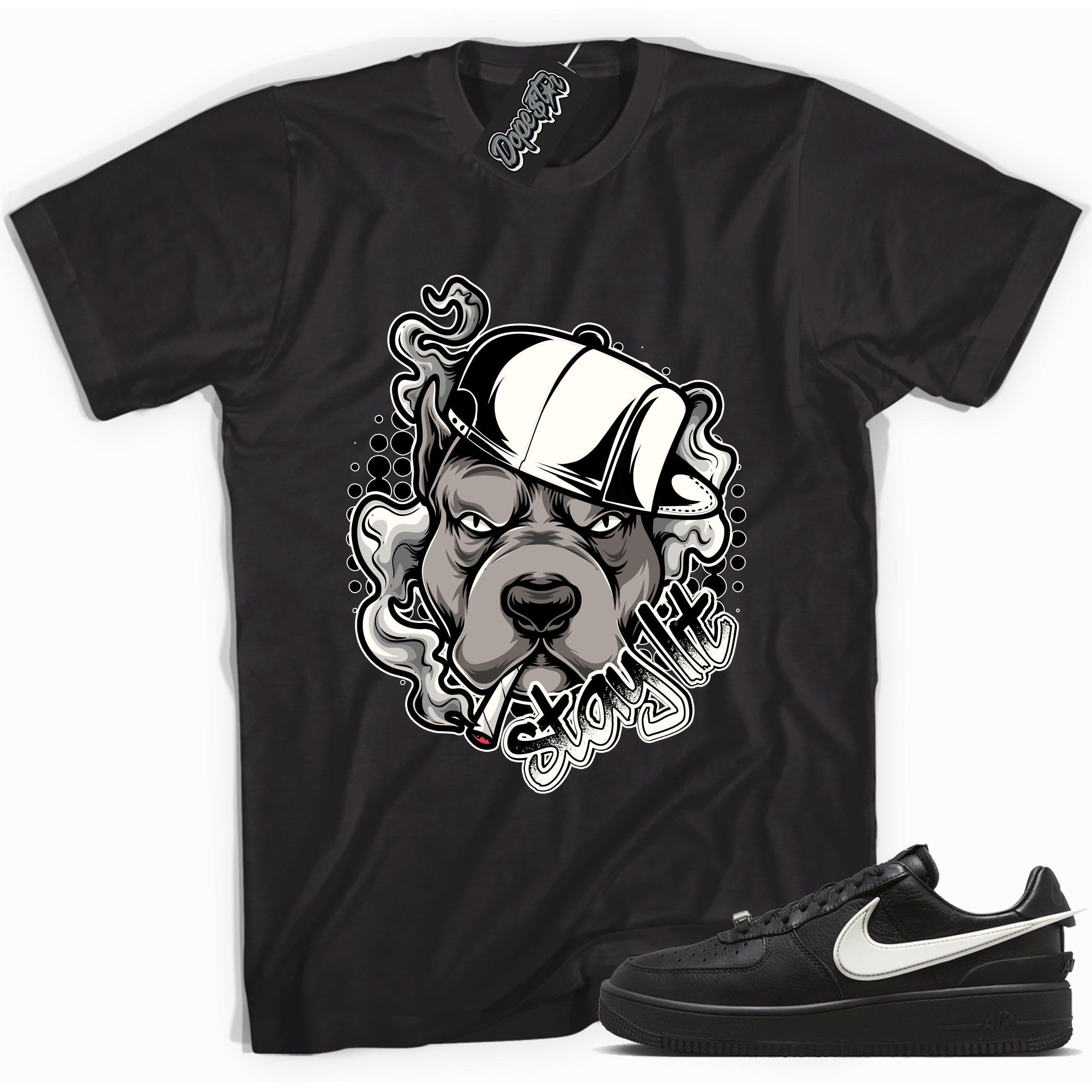 Cool black graphic tee with 'stay lit' print, that perfectly matches Nike Air Force 1 Low SP Ambush Phantom sneakers.