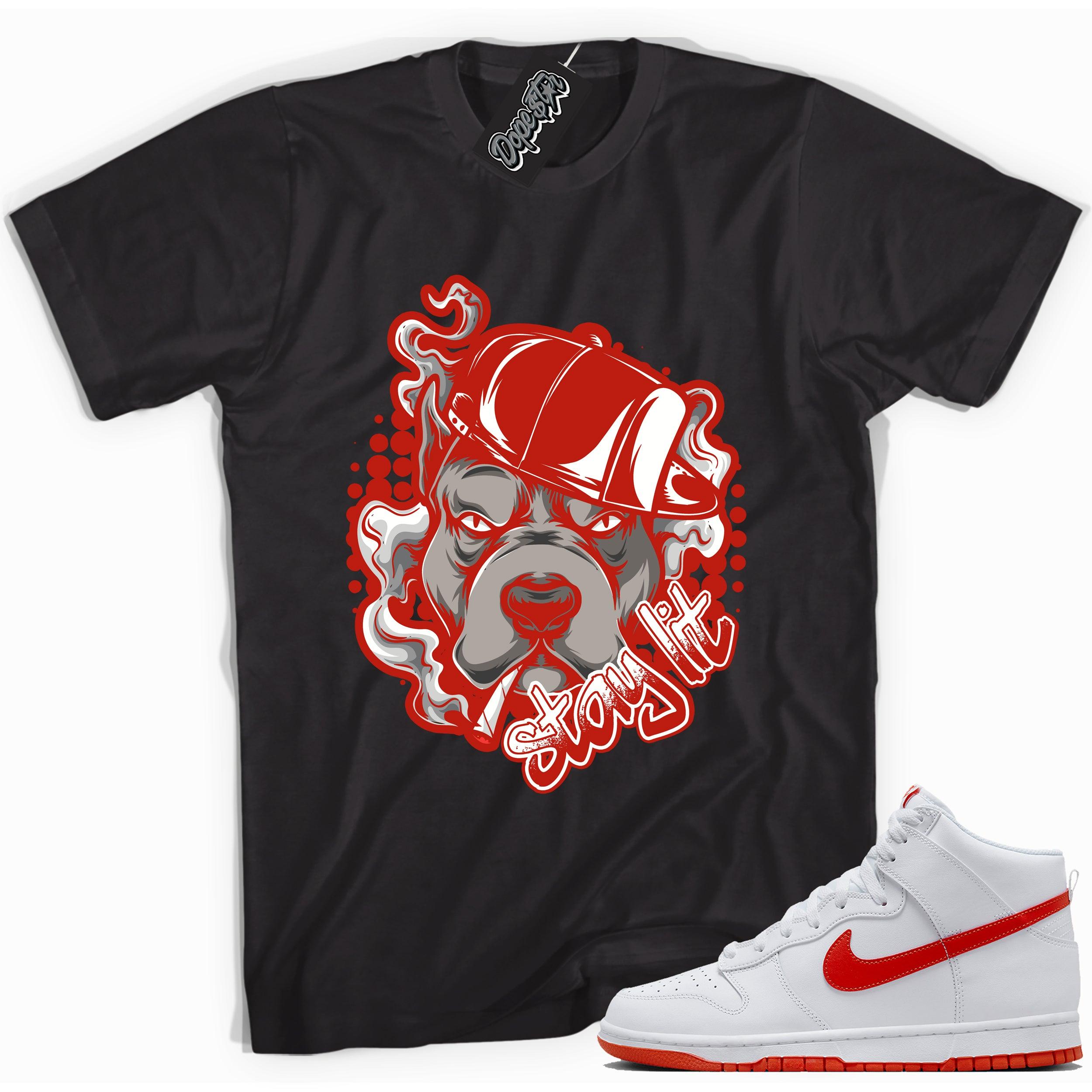 Cool black graphic tee with 'stay lit' print, that perfectly matches Nike Dunk High White Picante Red sneakers.
