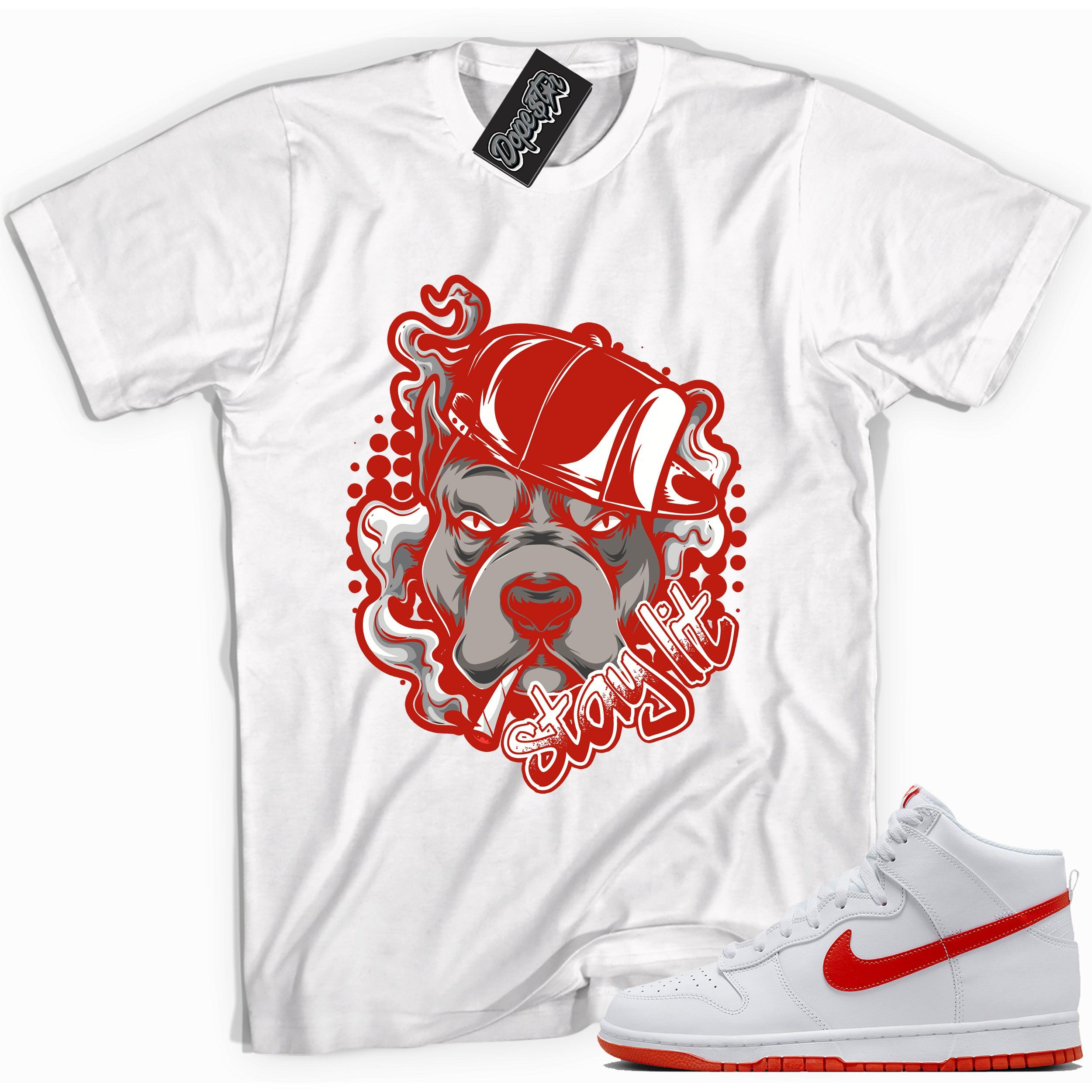 Cool white graphic tee with 'stay lit' print, that perfectly matches Nike Dunk High White Picante Red sneakers.