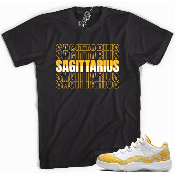 Cool black graphic tee with 'Sagittarius ' print, that perfectly matches  Air Jordan 11 Retro Low Yellow Snakeskin sneakers
