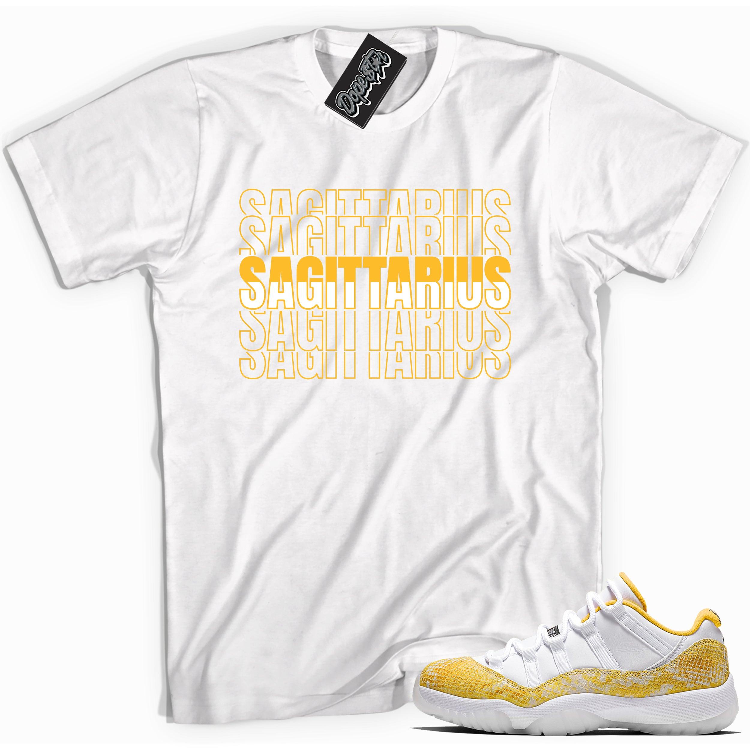 Cool white graphic tee with 'Sagittarius ' print, that perfectly matches Air Jordan 11 Retro Low Yellow Snakeskin sneakers