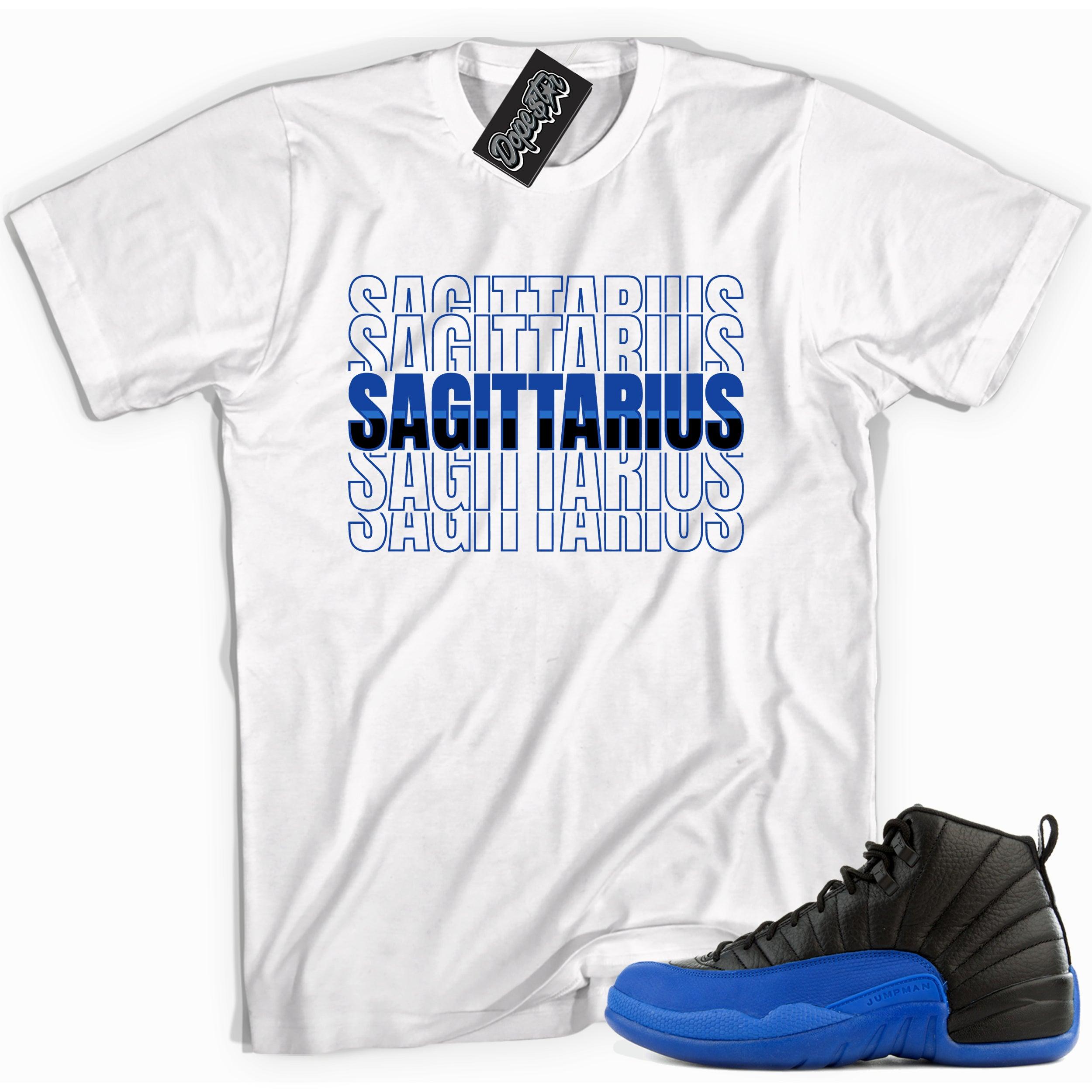 Cool white graphic tee with 'sagittarius' print, that perfectly matches  Air Jordan 12 Retro Black Game Royal sneakers.