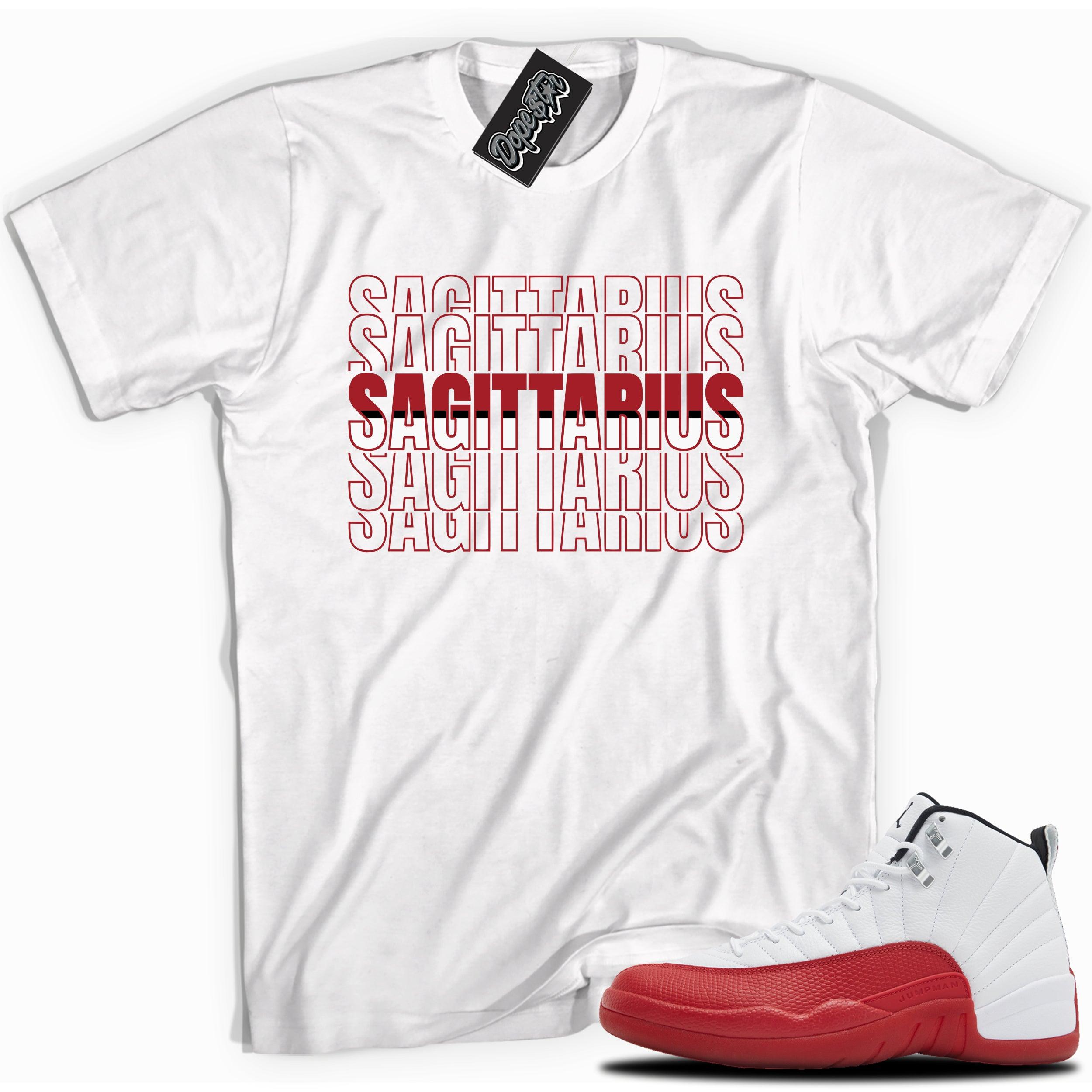 Cool White graphic tee with “Sagittarius” print, that perfectly matches Air Jordan 12 Retro Cherry Red 2023 red and white sneakers 