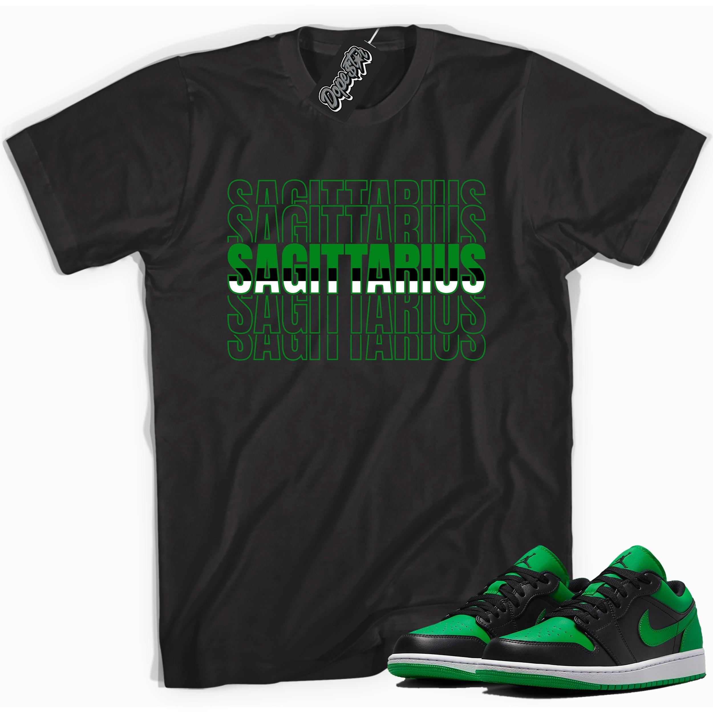 Cool black graphic tee with 'sagittarius' print, that perfectly matches Air Jordan 1 Low Lucky Green sneakers