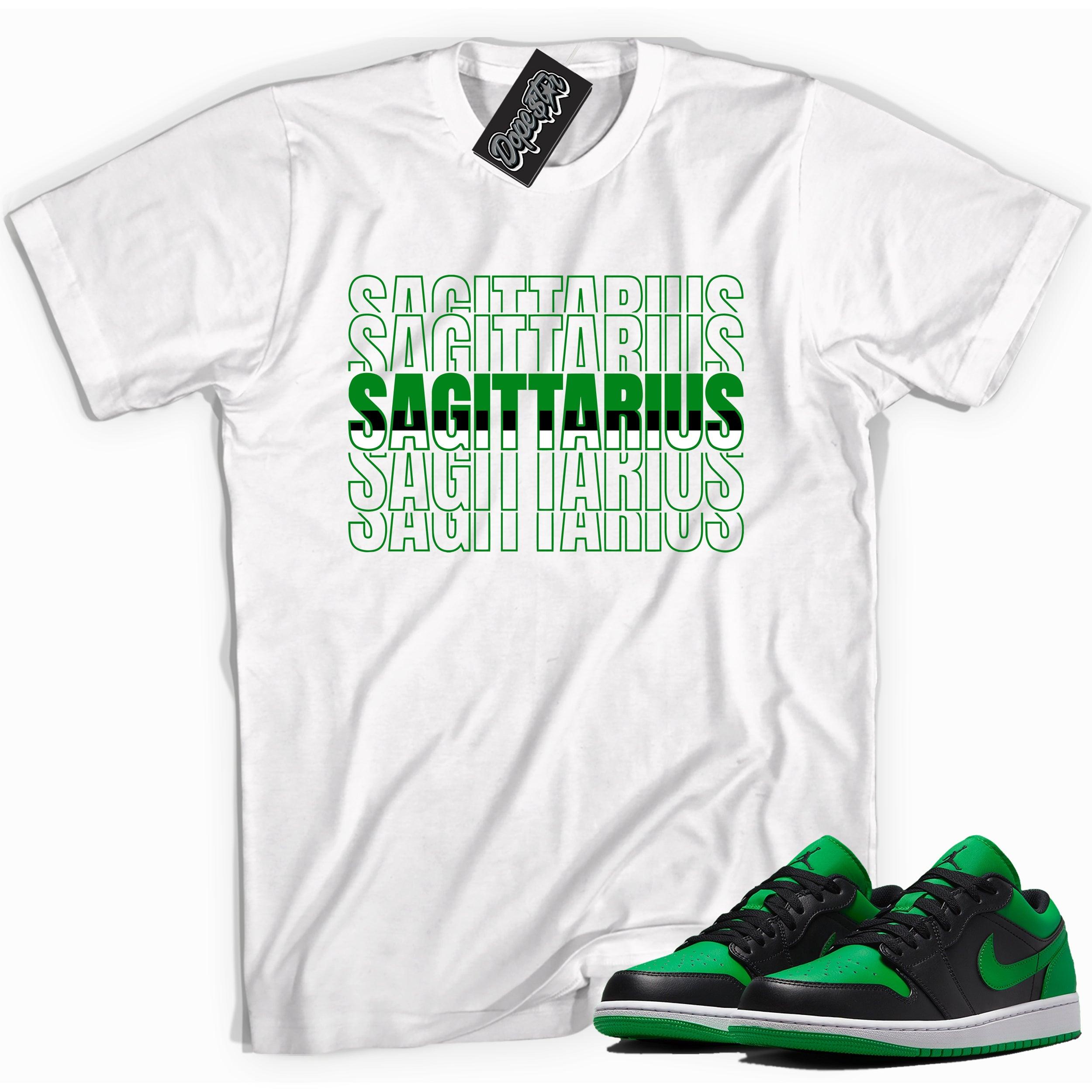 Cool white graphic tee with 'sagittarius' print, that perfectly matches Air Jordan 1 Low Lucky Green sneakers