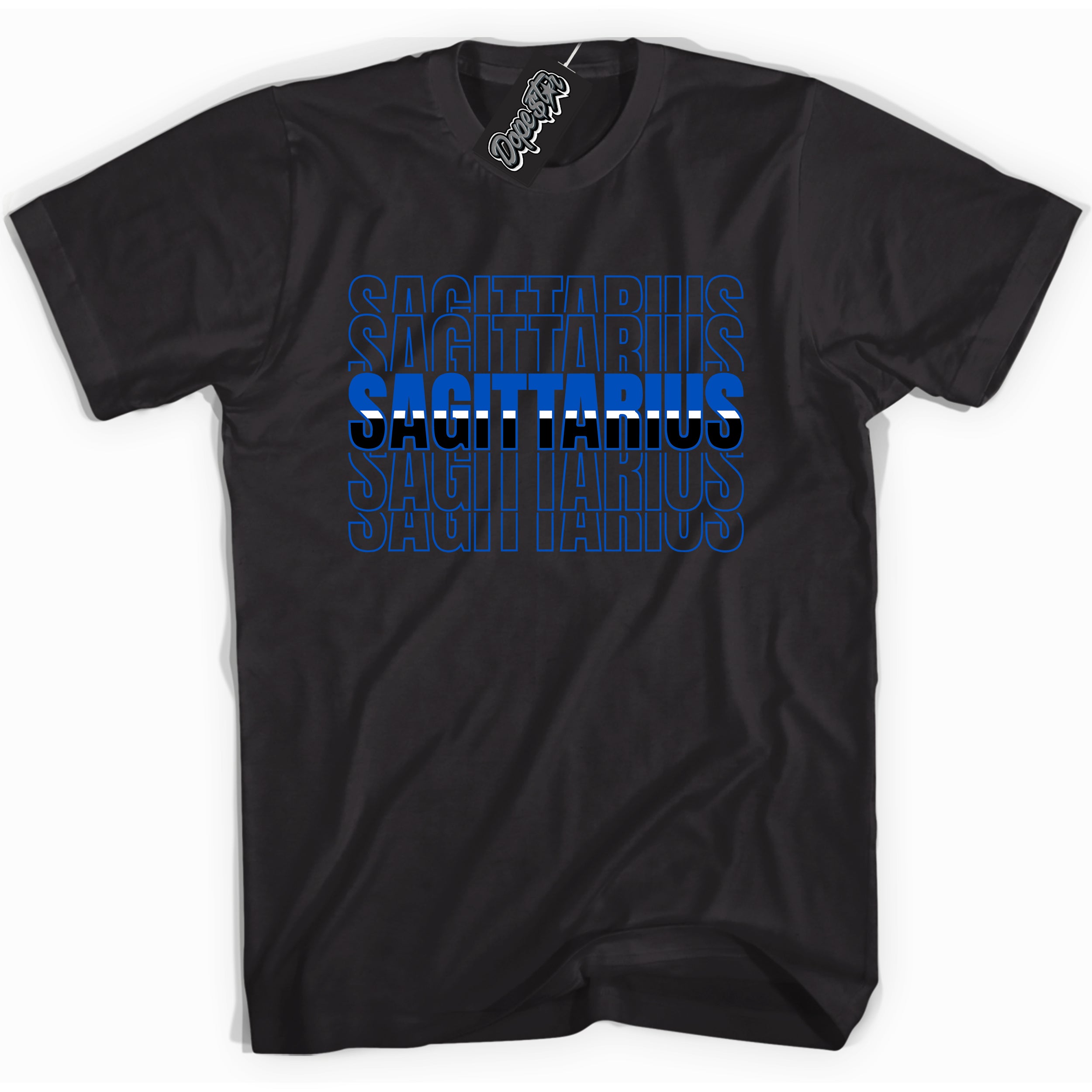 Cool Black graphic tee with "Sagittarius" design, that perfectly matches Royal Reimagined 1s sneakers 