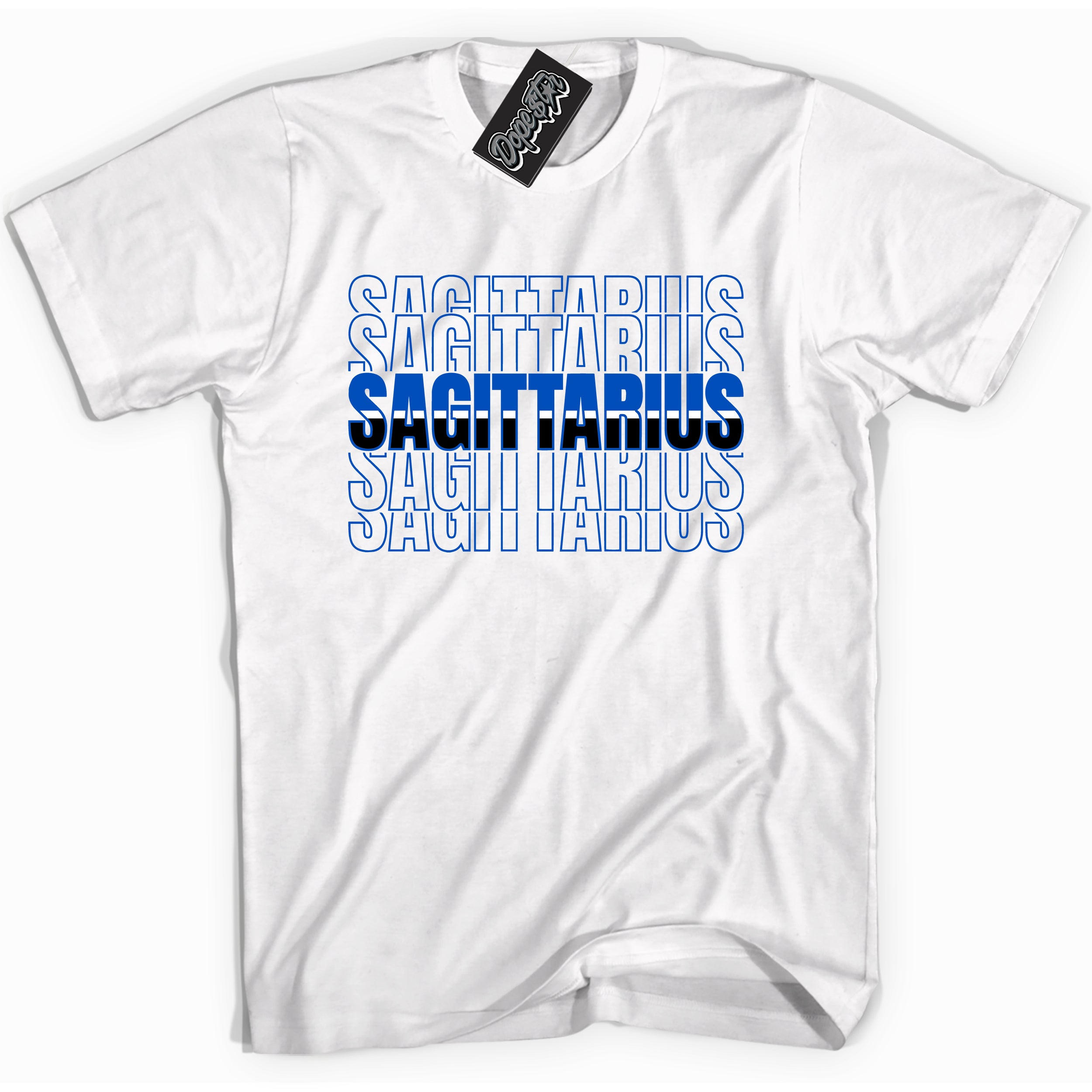 Cool White graphic tee with "Sagittarius" design, that perfectly matches Royal Reimagined 1s sneakers 