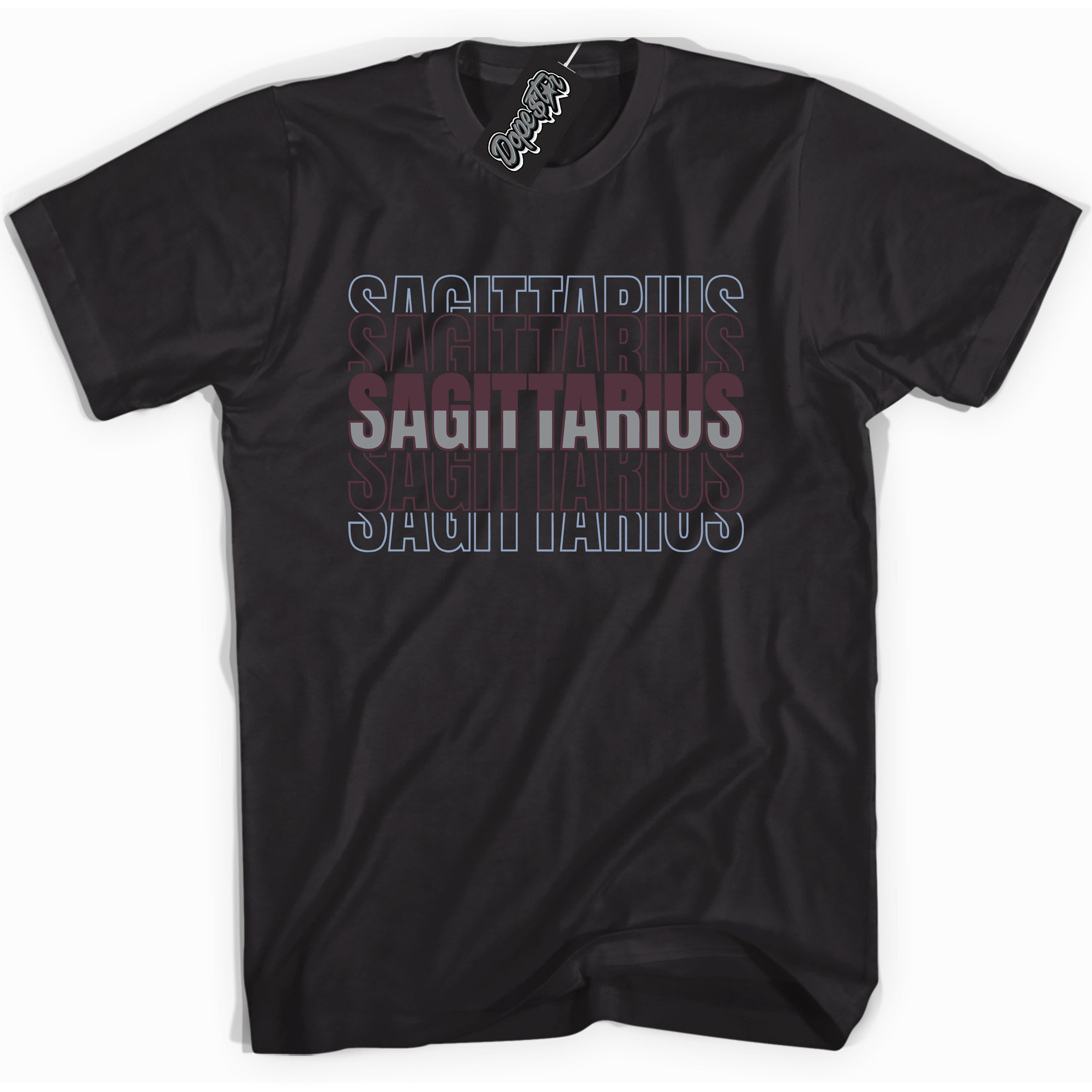 Cool Black Shirt with “ Sagittarius” design that perfectly matches Burgundy 5s Sneakers.