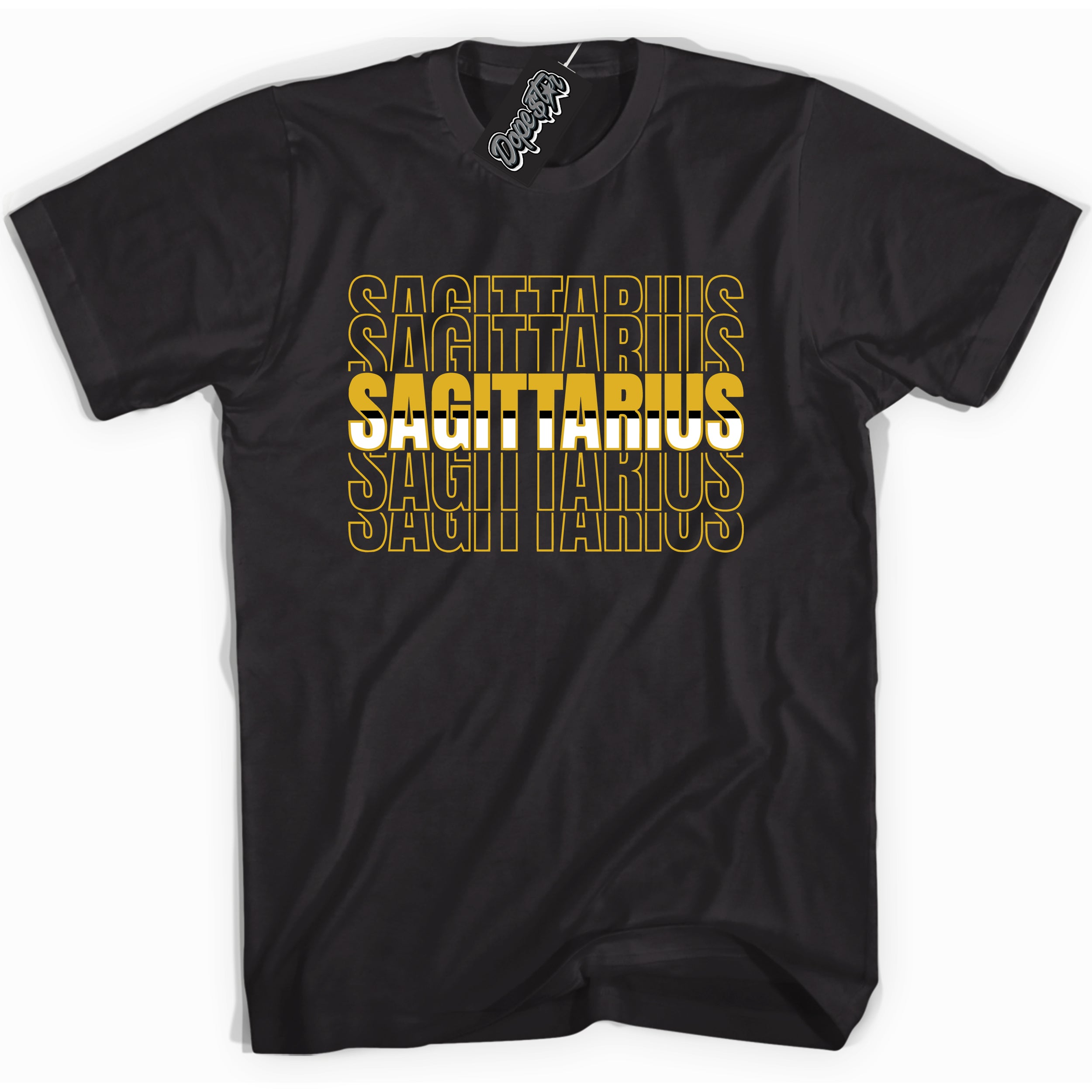 Cool Black Shirt with “ Sagittarius” design that perfectly matches Yellow Ochre 6s Sneakers.