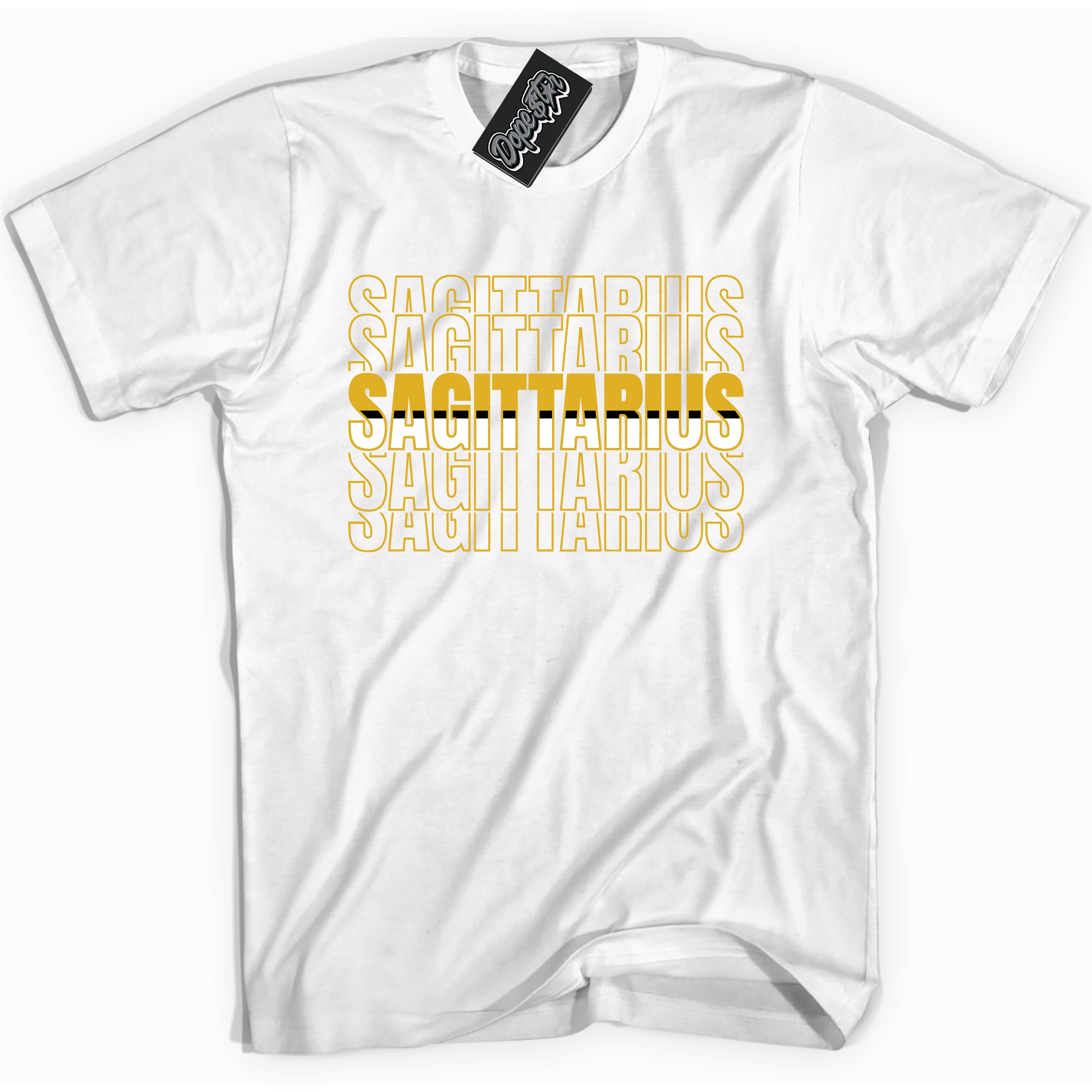Cool White Shirt with “ Sagittarius” design that perfectly matches Yellow Ochre 6s Sneakers.
