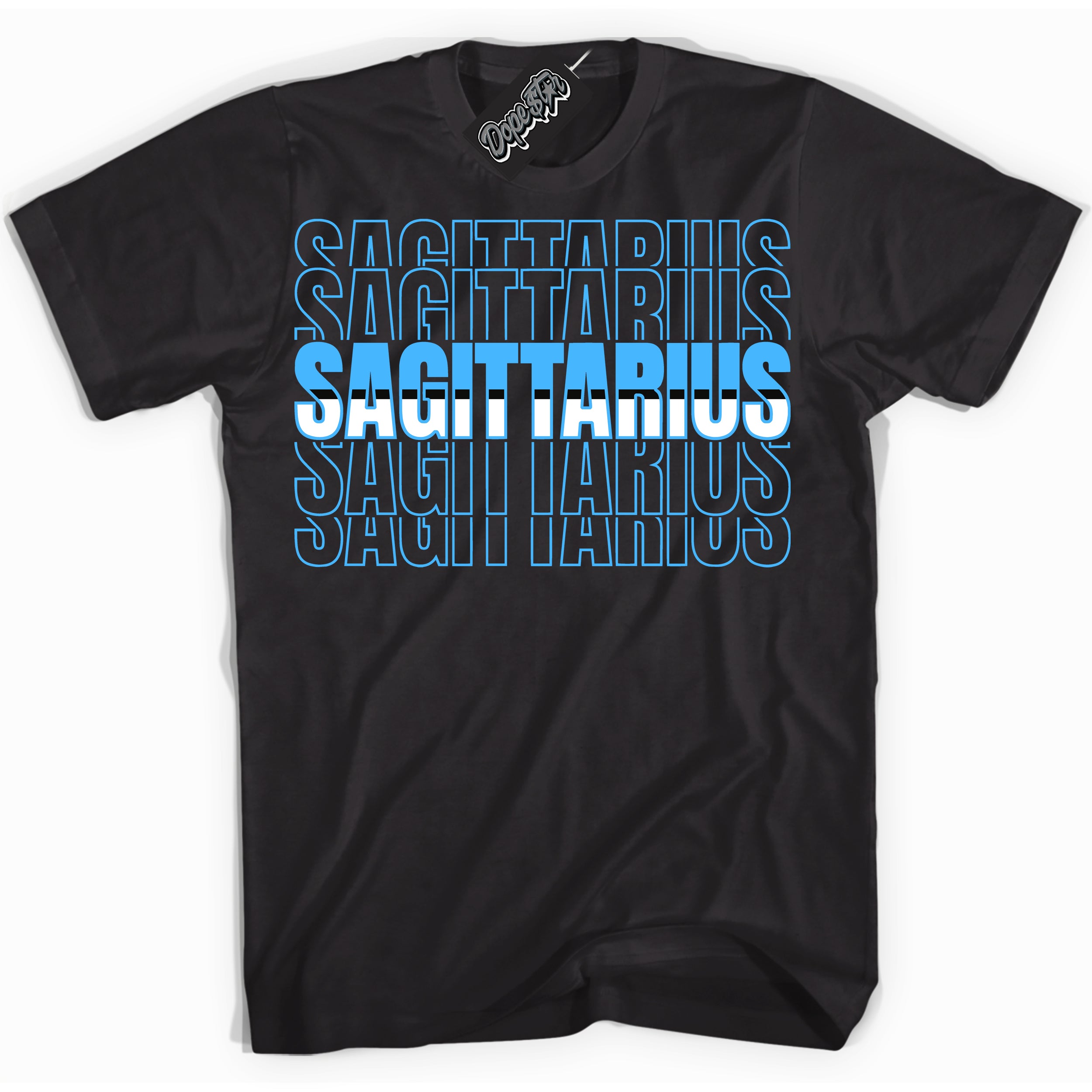 Cool Black graphic tee with “ Sagittarius” design, that perfectly matches Powder Blue 9s sneakers 