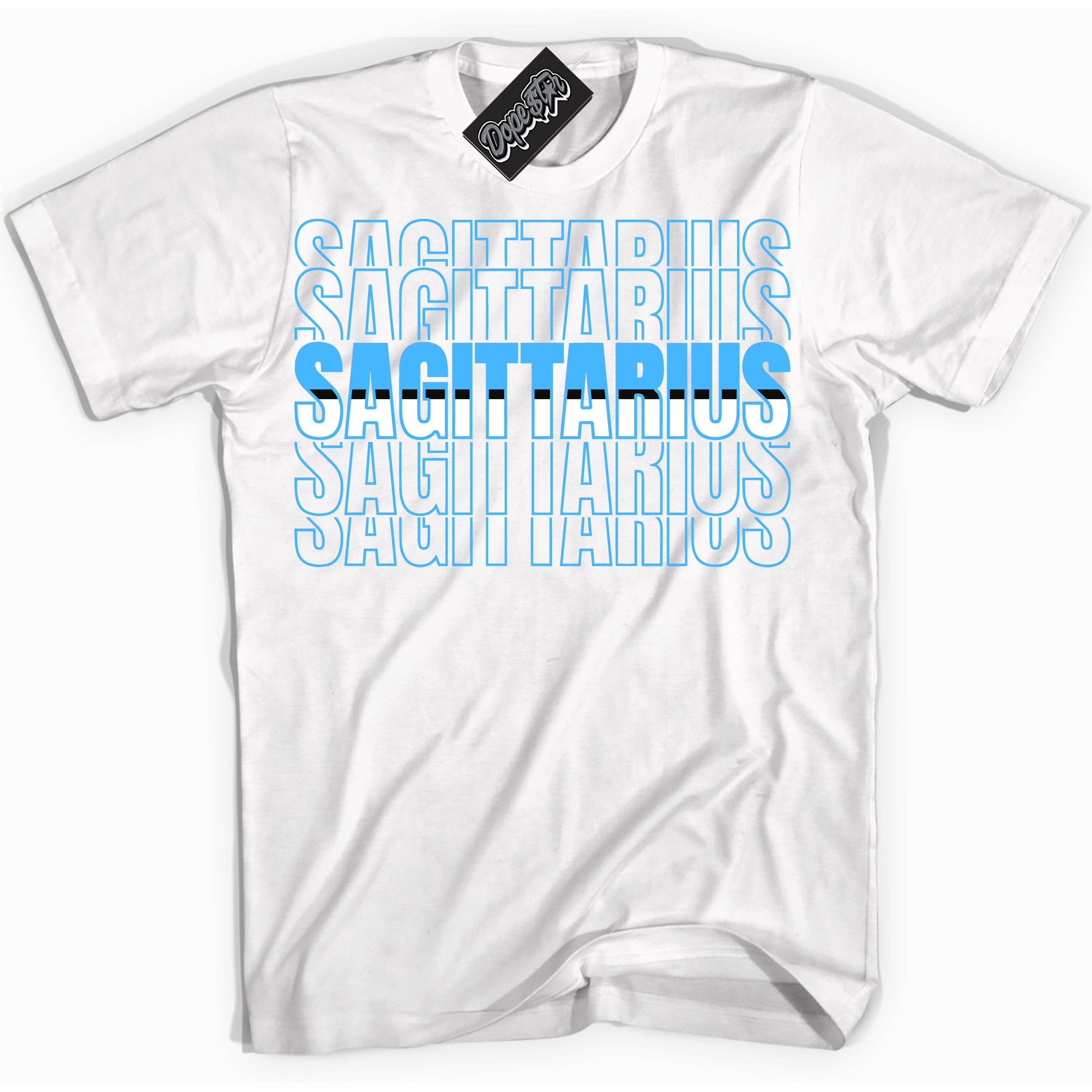 Cool White graphic tee with “ Sagittarius” design, that perfectly matches Powder Blue 9s sneakers 