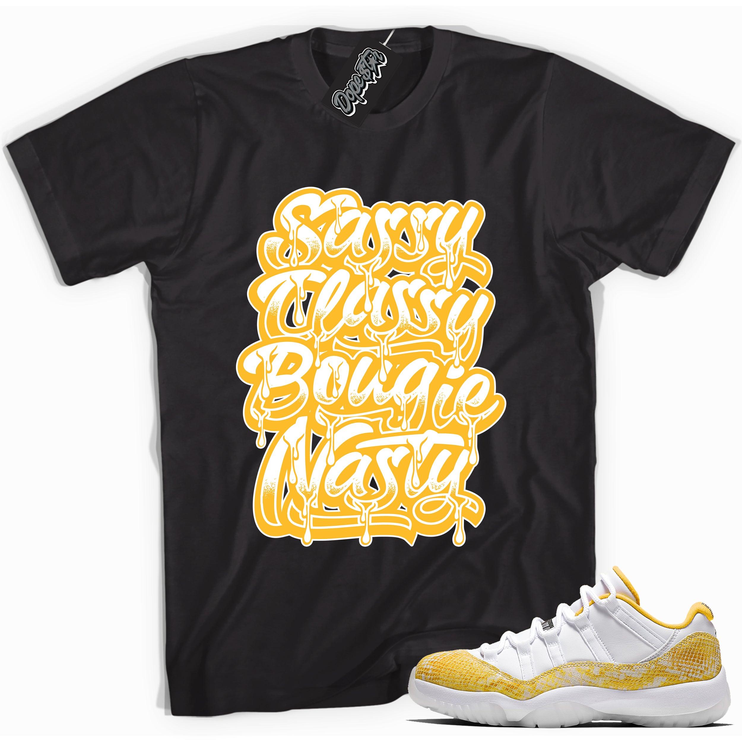 Cool black graphic tee with 'sassy classy bougie nasty' print, that perfectly matches  Air Jordan 11 Retro Low Yellow Snakeskin sneakers